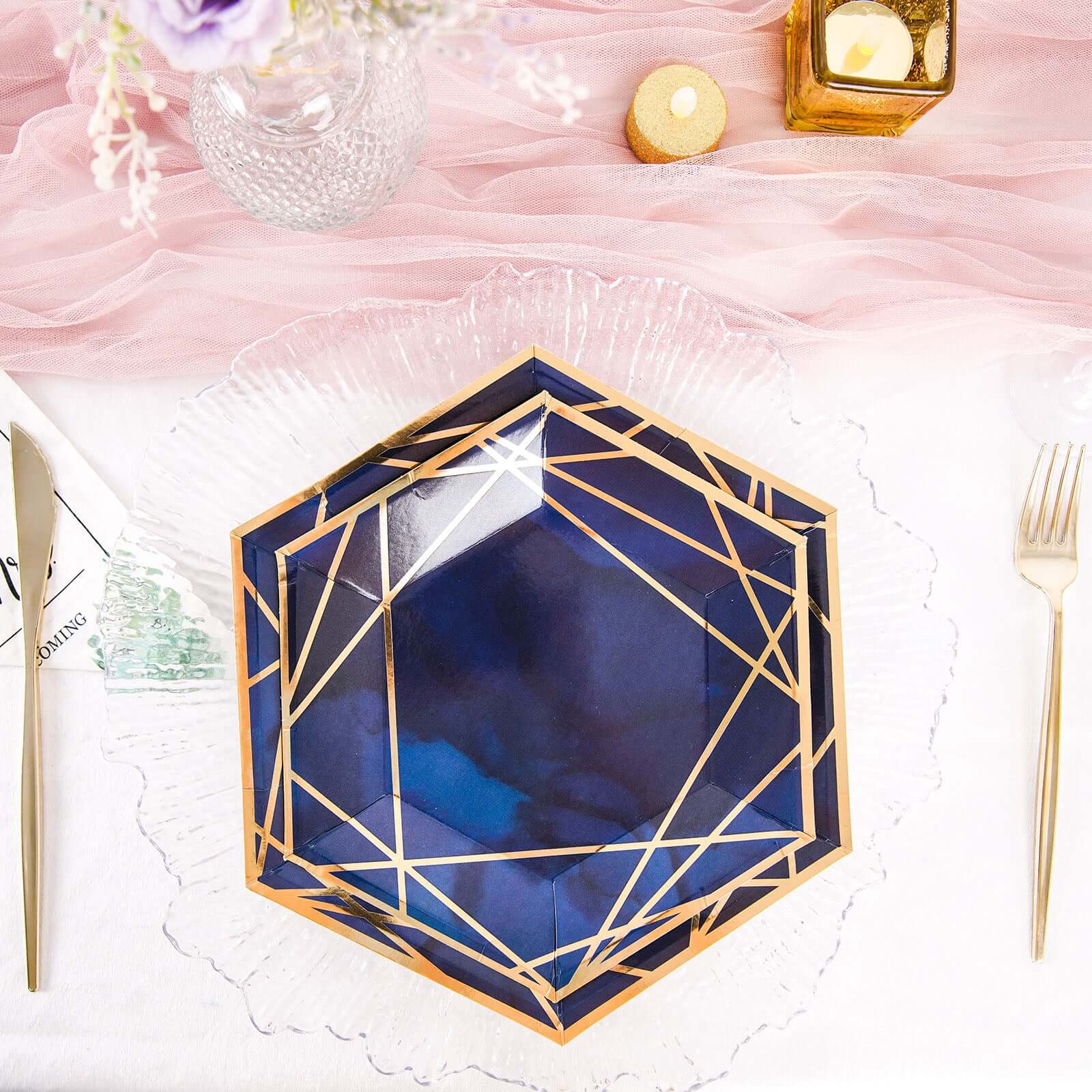 25-Pack Navy Blue & Gold Geometric Hexagon Disposable Paper Appetizer & Salad Dessert Plates