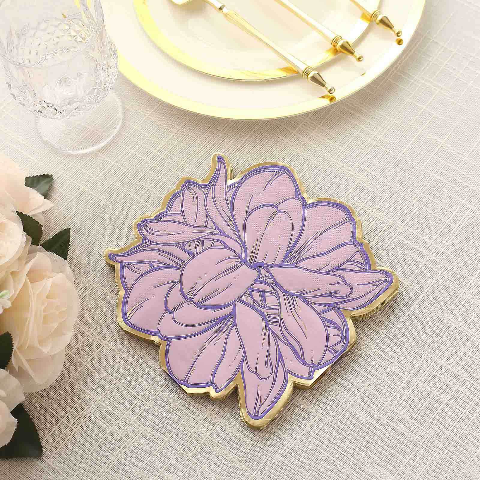 Get 20-Pack Disposable Cocktail Paper Napkins with Purple Peony & Gold Edges for Parties