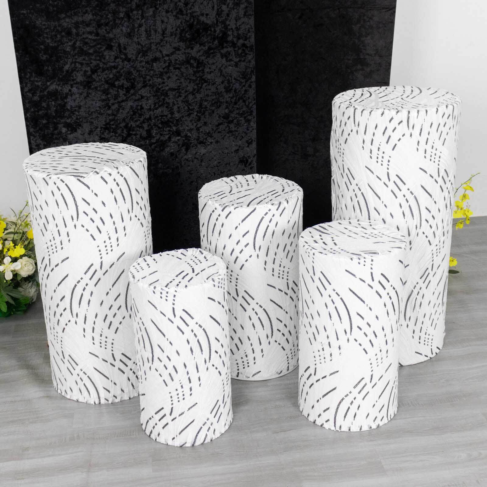 Hot Sale! Set of 5 Embroidered Sequin White Wave Mesh Cylinder Pedestal Stand Covers