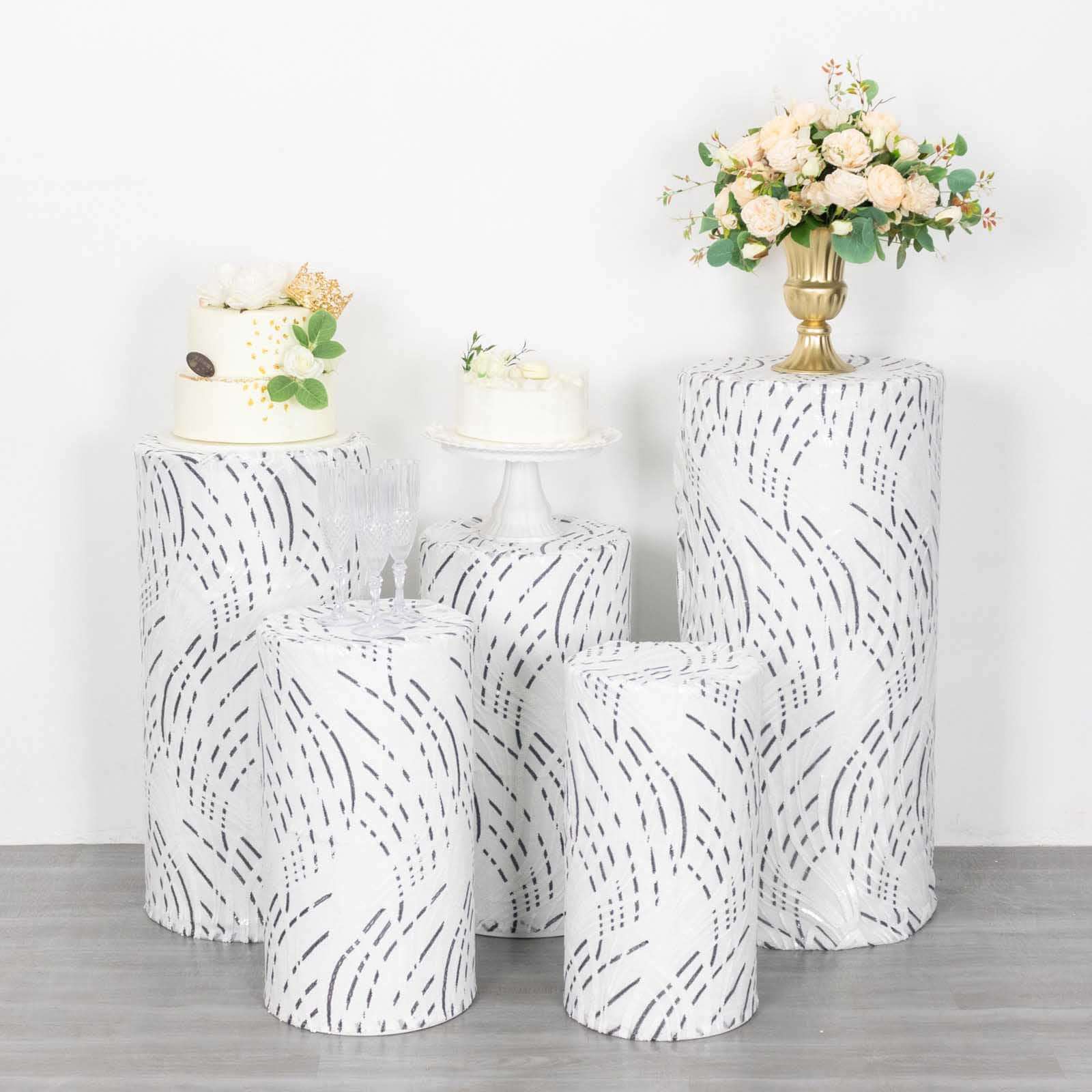 Hot Sale! Set of 5 Embroidered Sequin White Wave Mesh Cylinder Pedestal Stand Covers