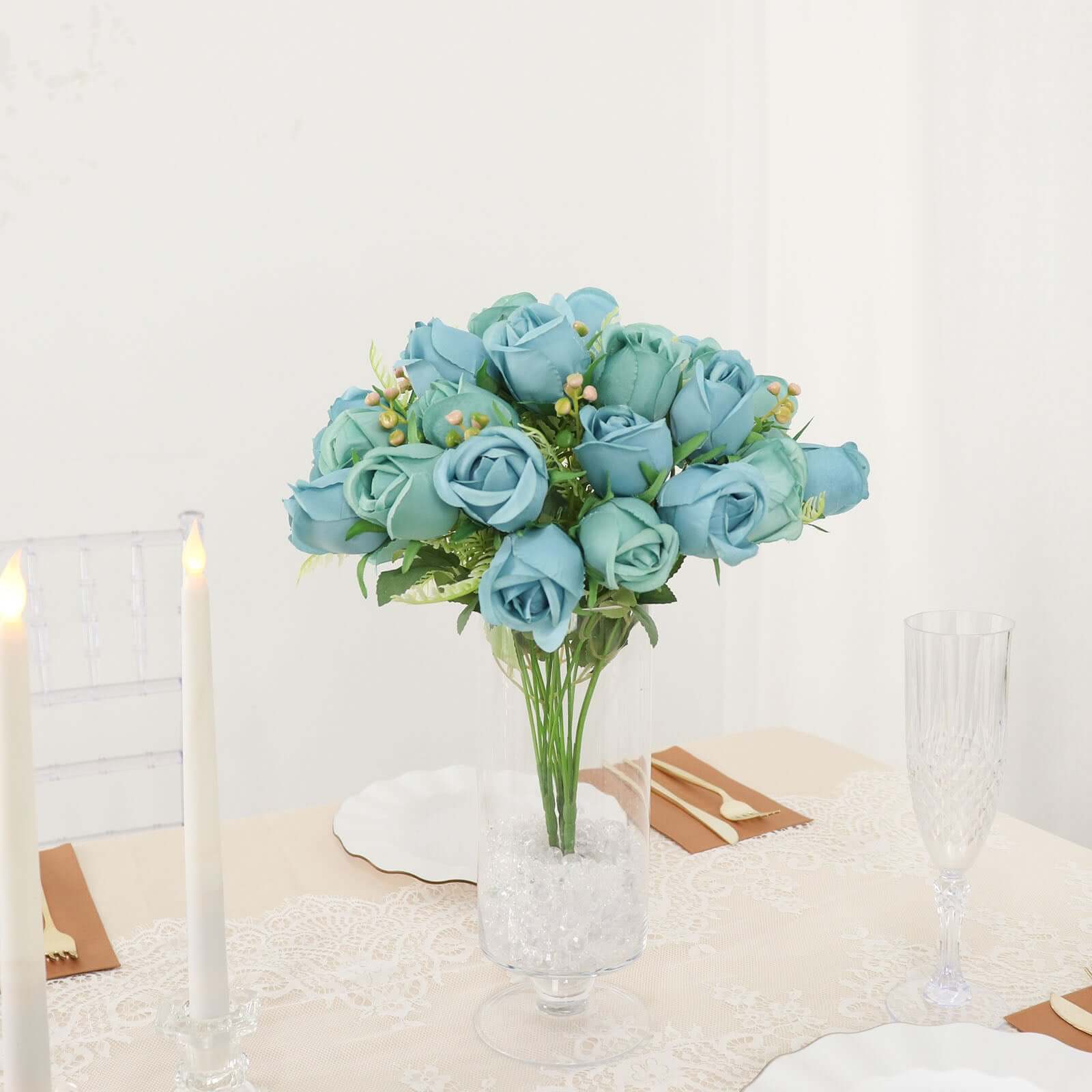 Hot Deal! 3-Pack 13" Dusty Blue Real Touch Silk Rose Bud Bridal Bouquets