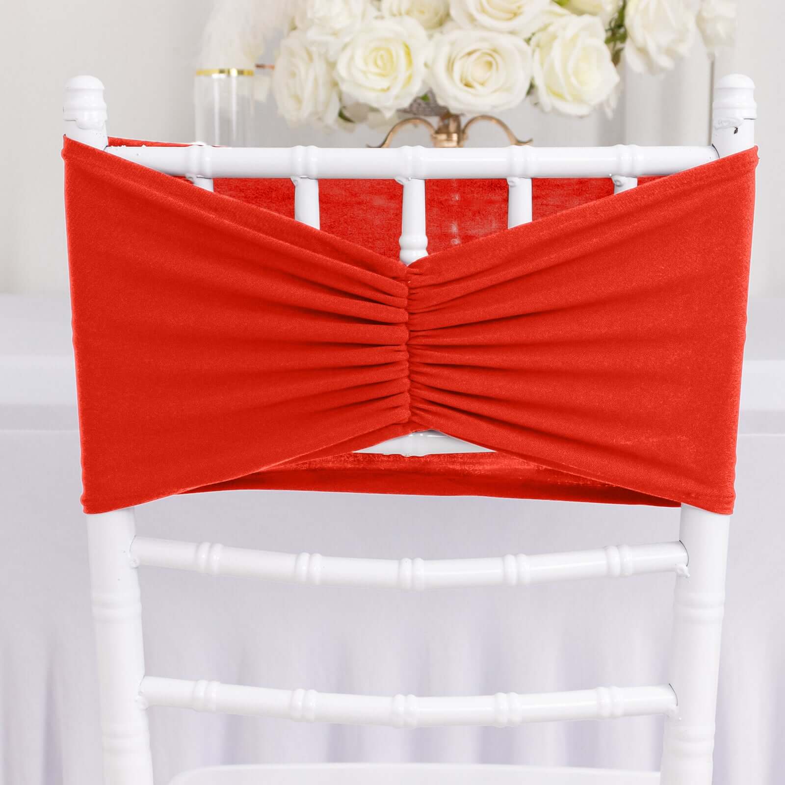 5-Pack Red Ruffled Spandex Chair Sashes - Wide & Easy Stretch Bands