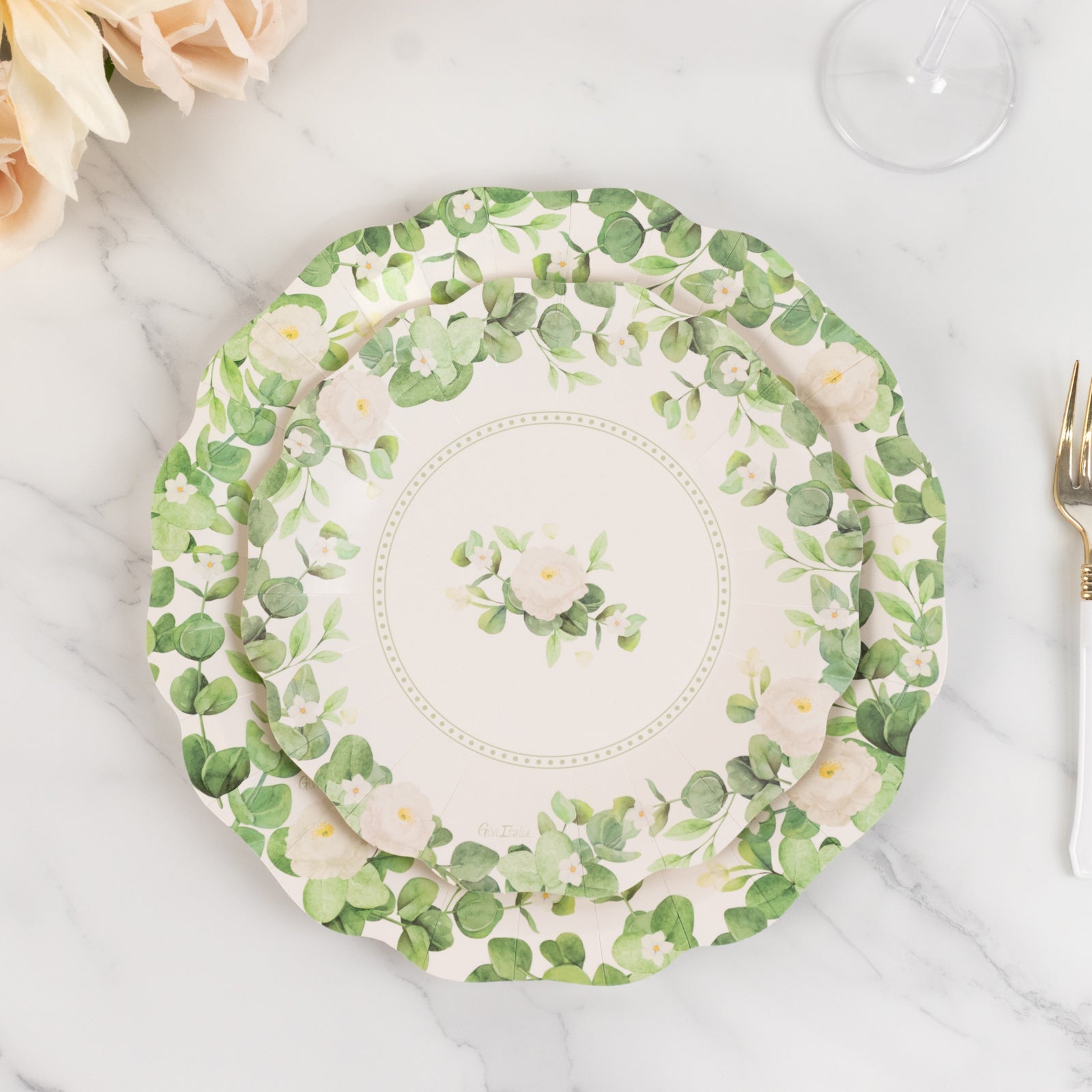 25-Pack Disposable 8-Inch White Floral Greenery Scalloped Edge Paper Dessert Plates - Ideal for Rustic Weddings & Garden Brunches