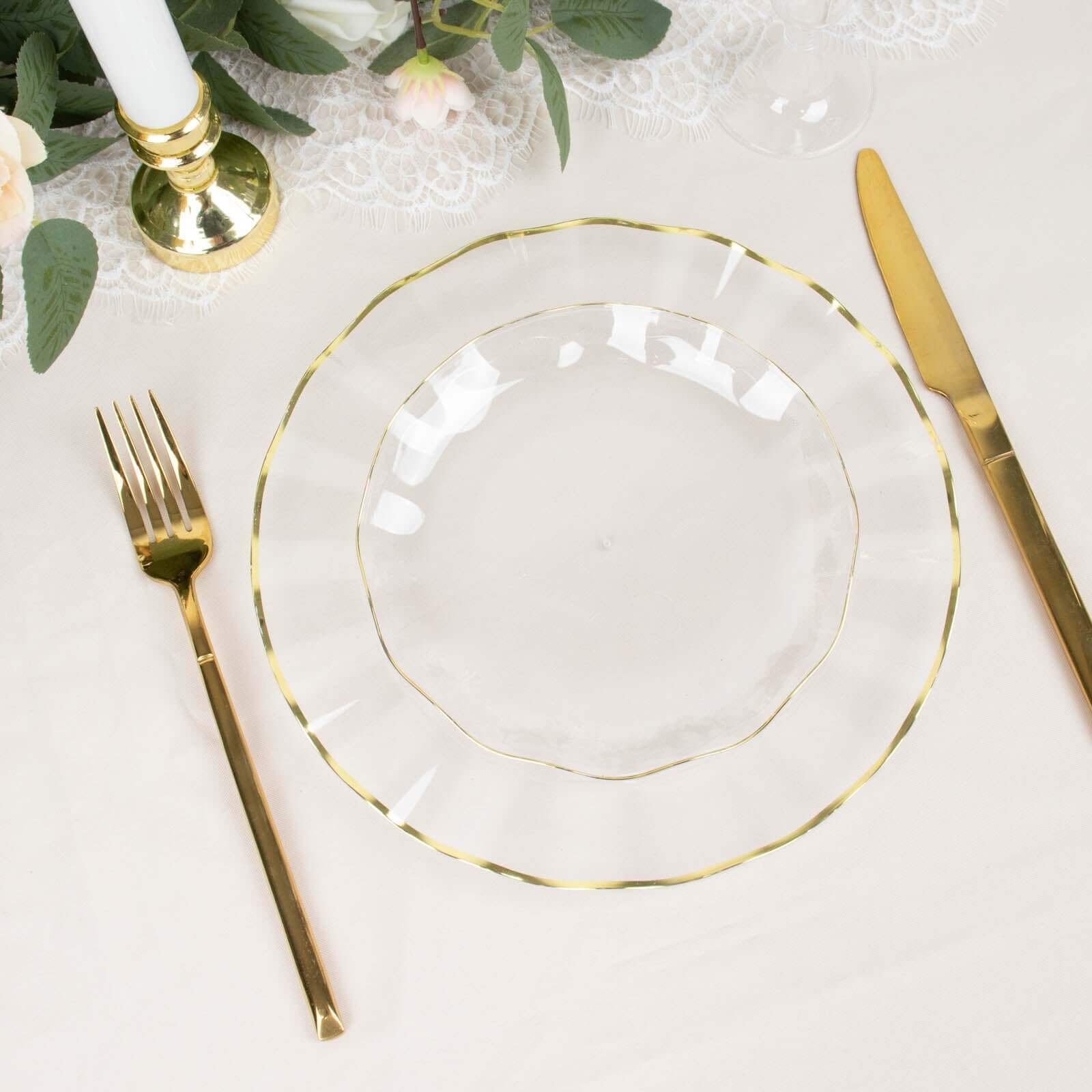 Hot Deal! 10-Pack Disposable Plastic Round 6-Inch Dessert Plates with Clear Ruffled Rim and Gold Edging