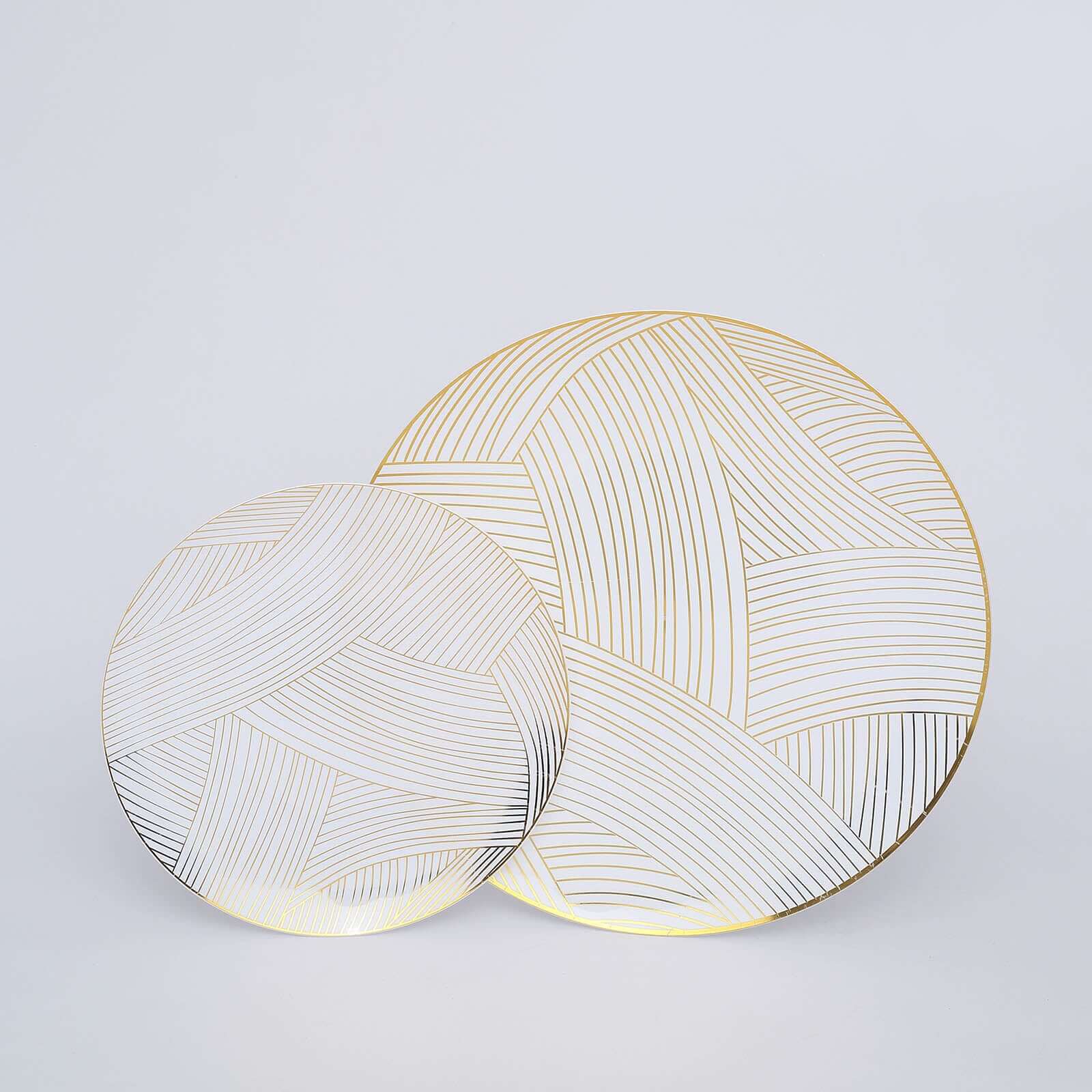10-Piece Set of Disposable White Plastic Dinner Plates with Gold Wave Patterns