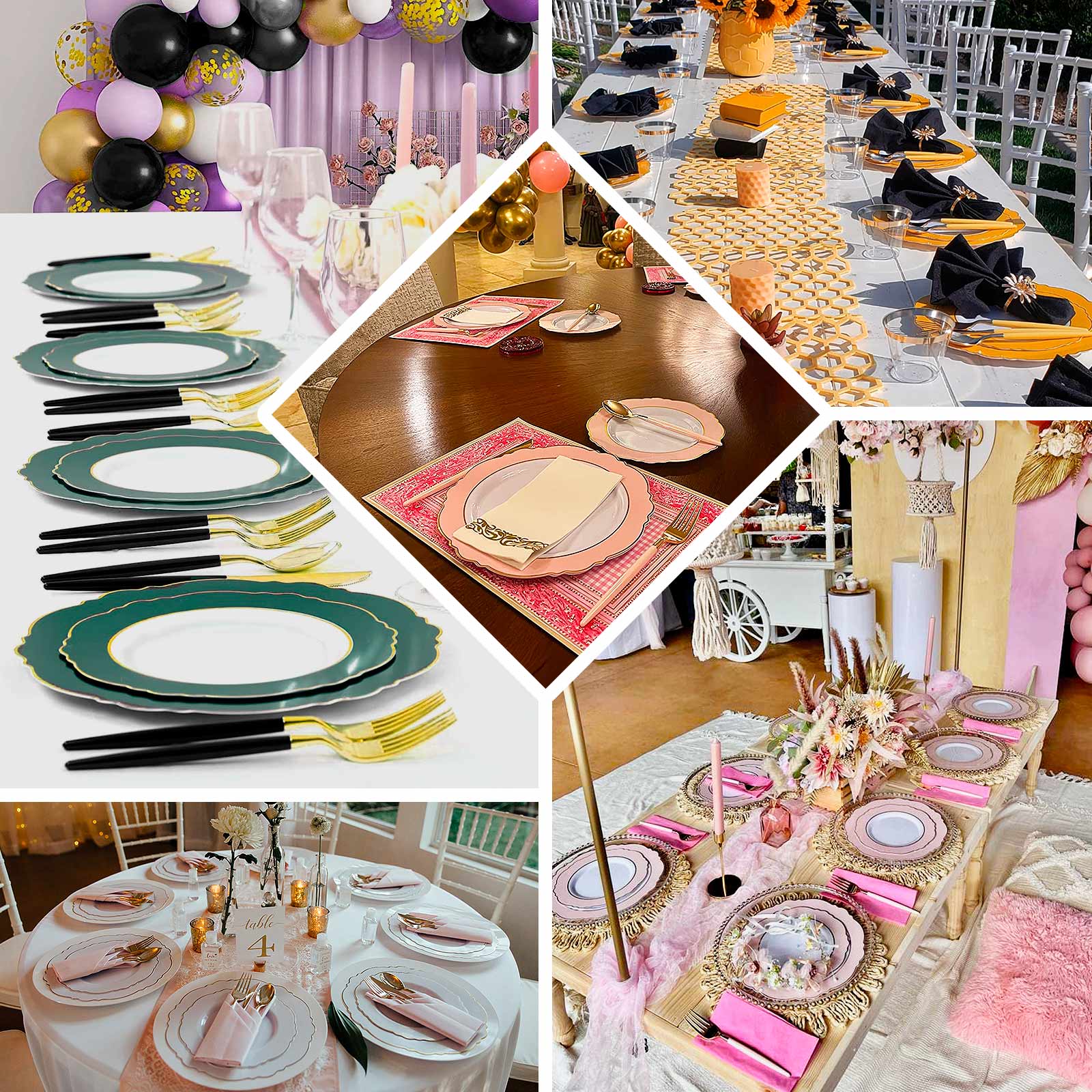 10-Pack Disposable White Plastic Dessert Plates with Gold Blossom & Edging for Elegant Table Decor
