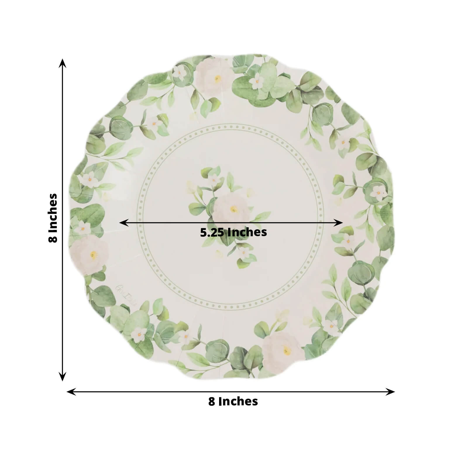 25-Pack Disposable 8-Inch White Floral Greenery Scalloped Edge Paper Dessert Plates - Ideal for Rustic Weddings & Garden Brunches