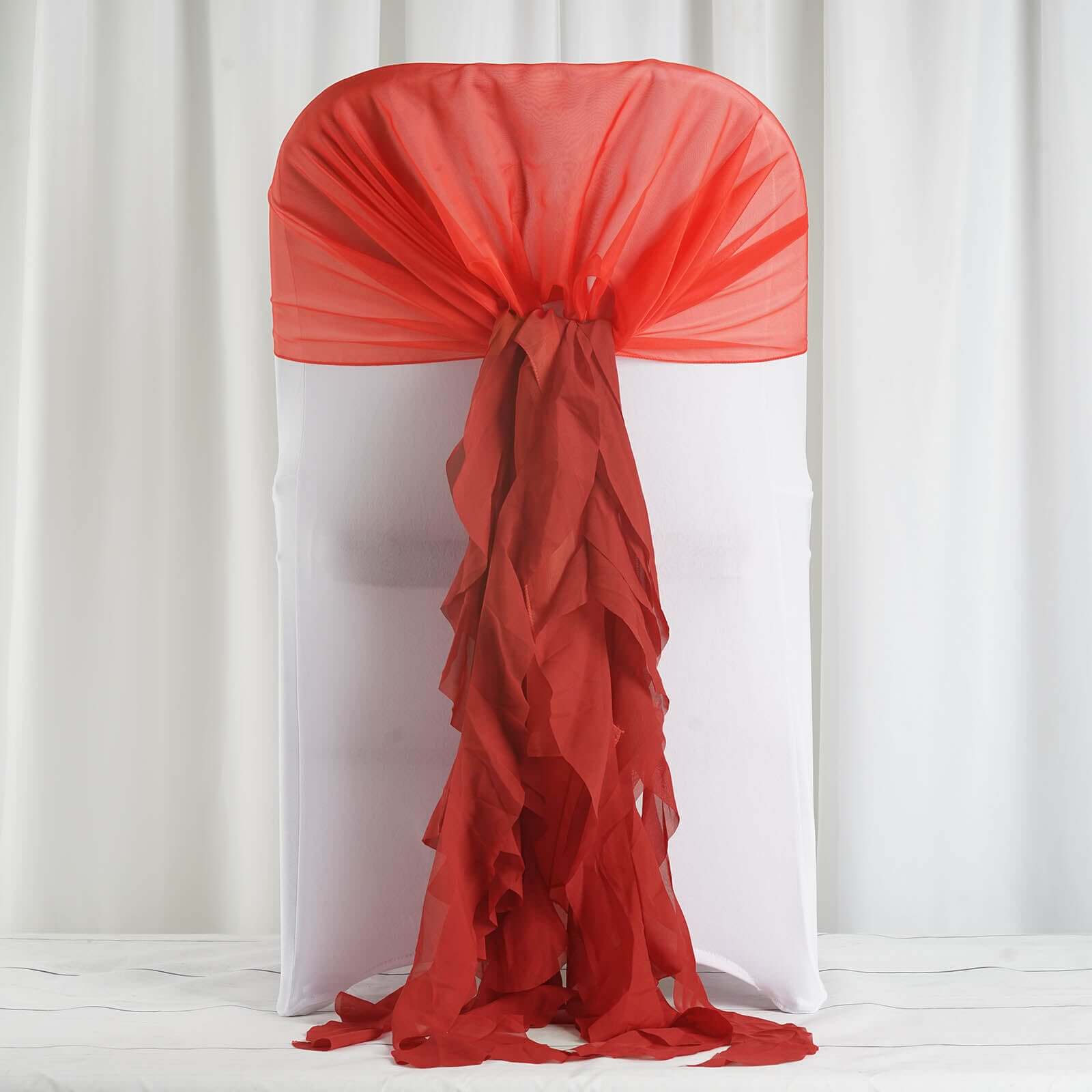 Hot Sale! 1 Set Red Chiffon Chair Sashes with Willow Ruffles Design - Stylish Wedding Chair Decor