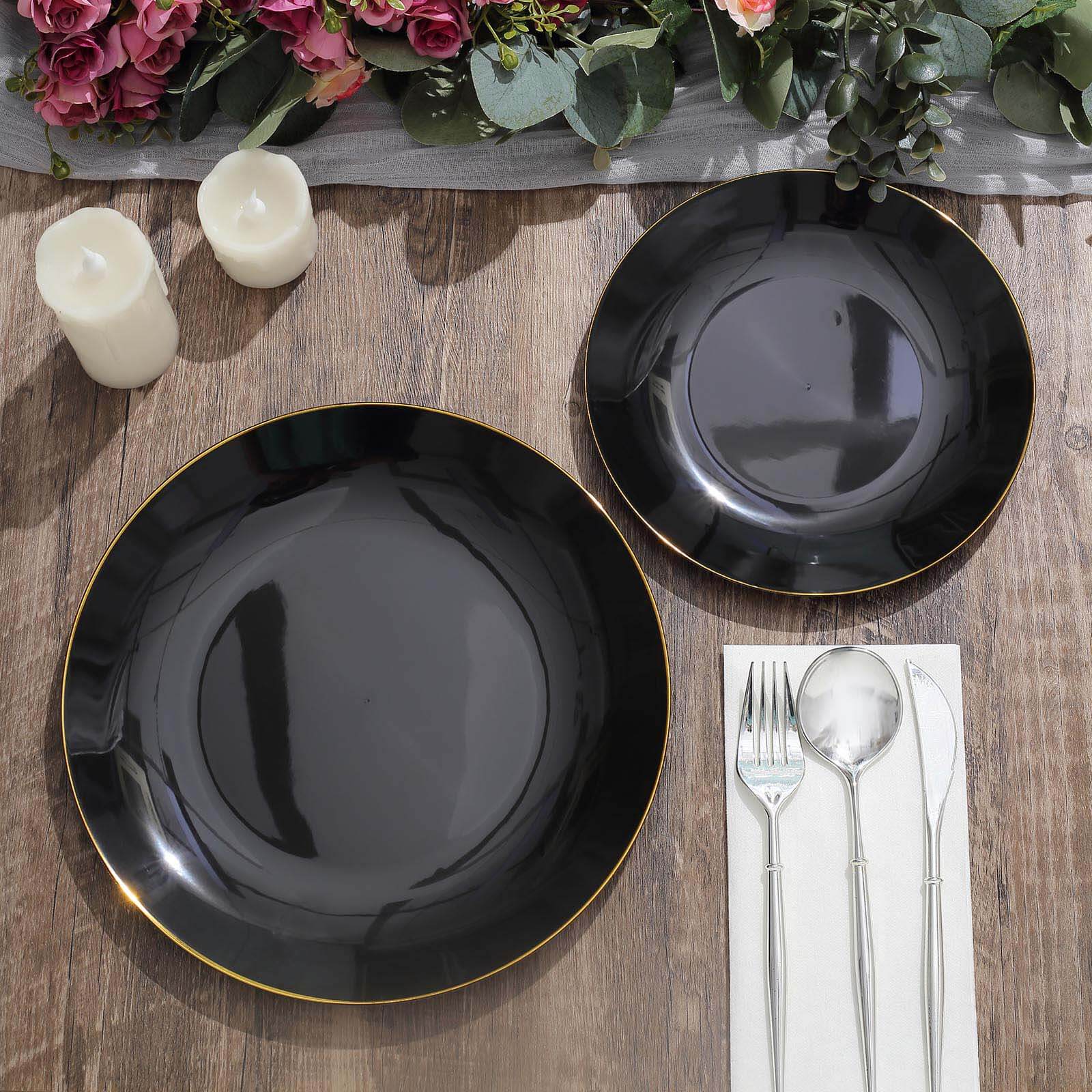 10-Piece Set of Glossy Black Plastic Dinner Plates with Gold Rim for Disposable Parties