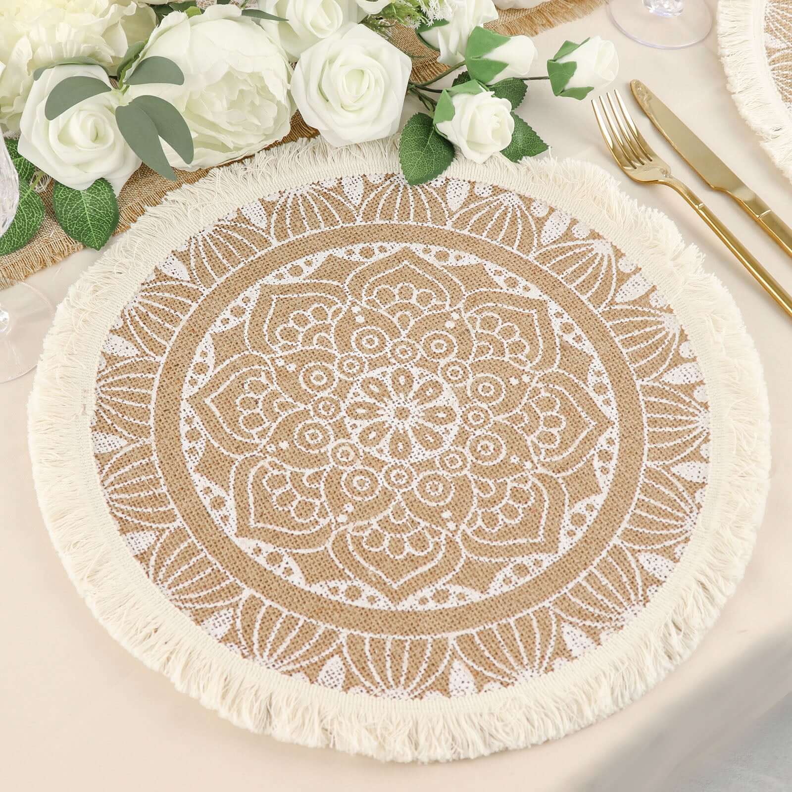 Hot Deal! 4-Pack Round Mandala Print Jute Placemats with Fringe and Tassel Design, Natural and White