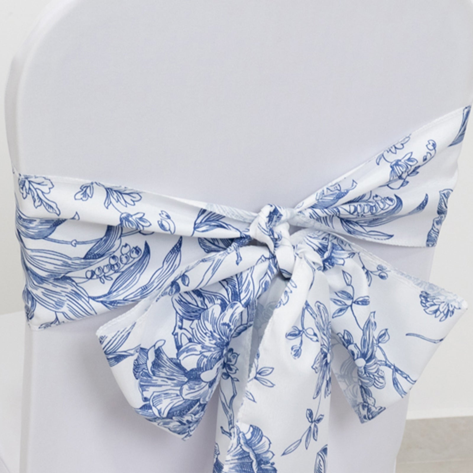 Wrinkle-Resistant Polyester Chair Sashes in White/Blue French Toile Floral Design for Weddings & Banquets