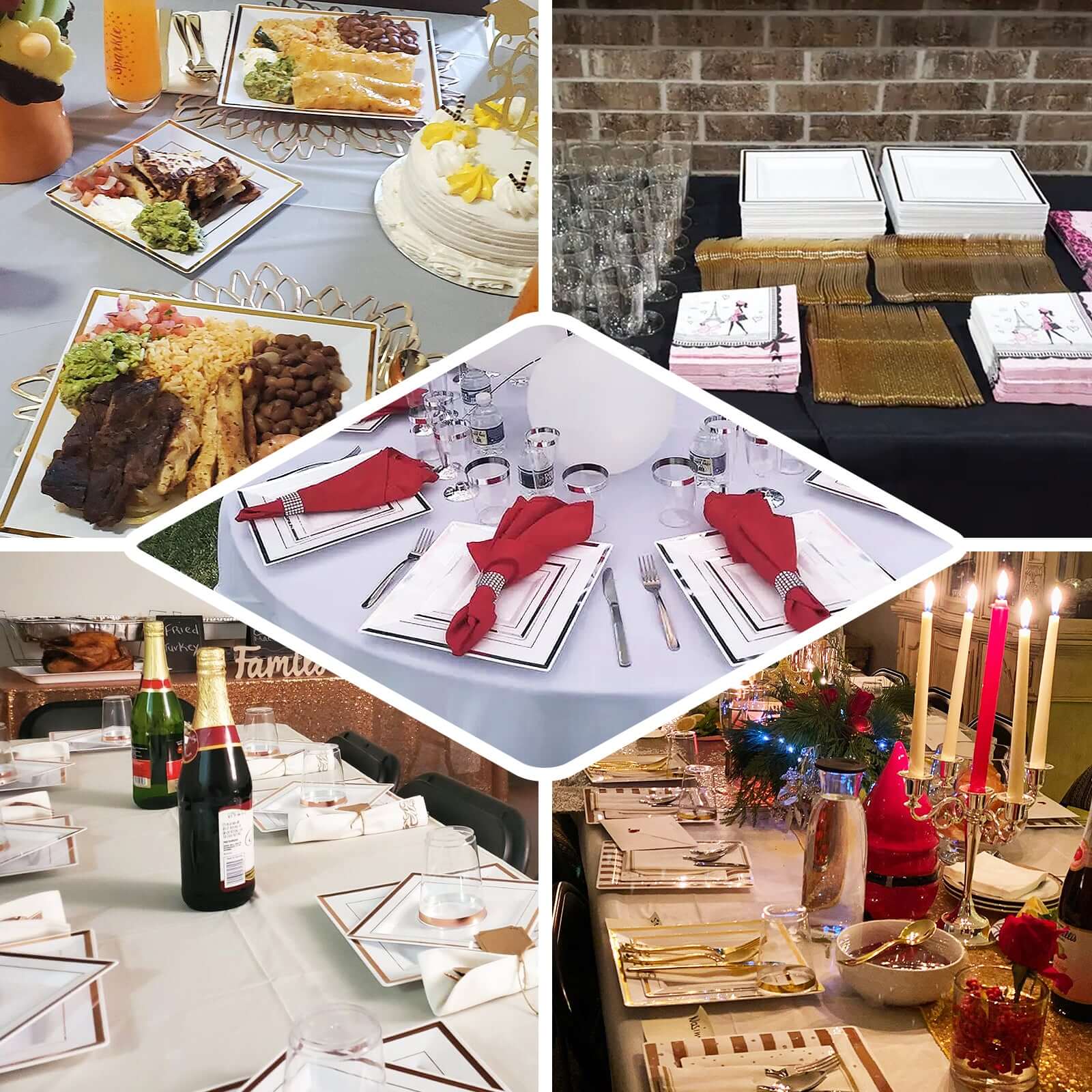 10-Pack Gold Trim Clear Square Plastic Disposable Dinner Plates for Parties