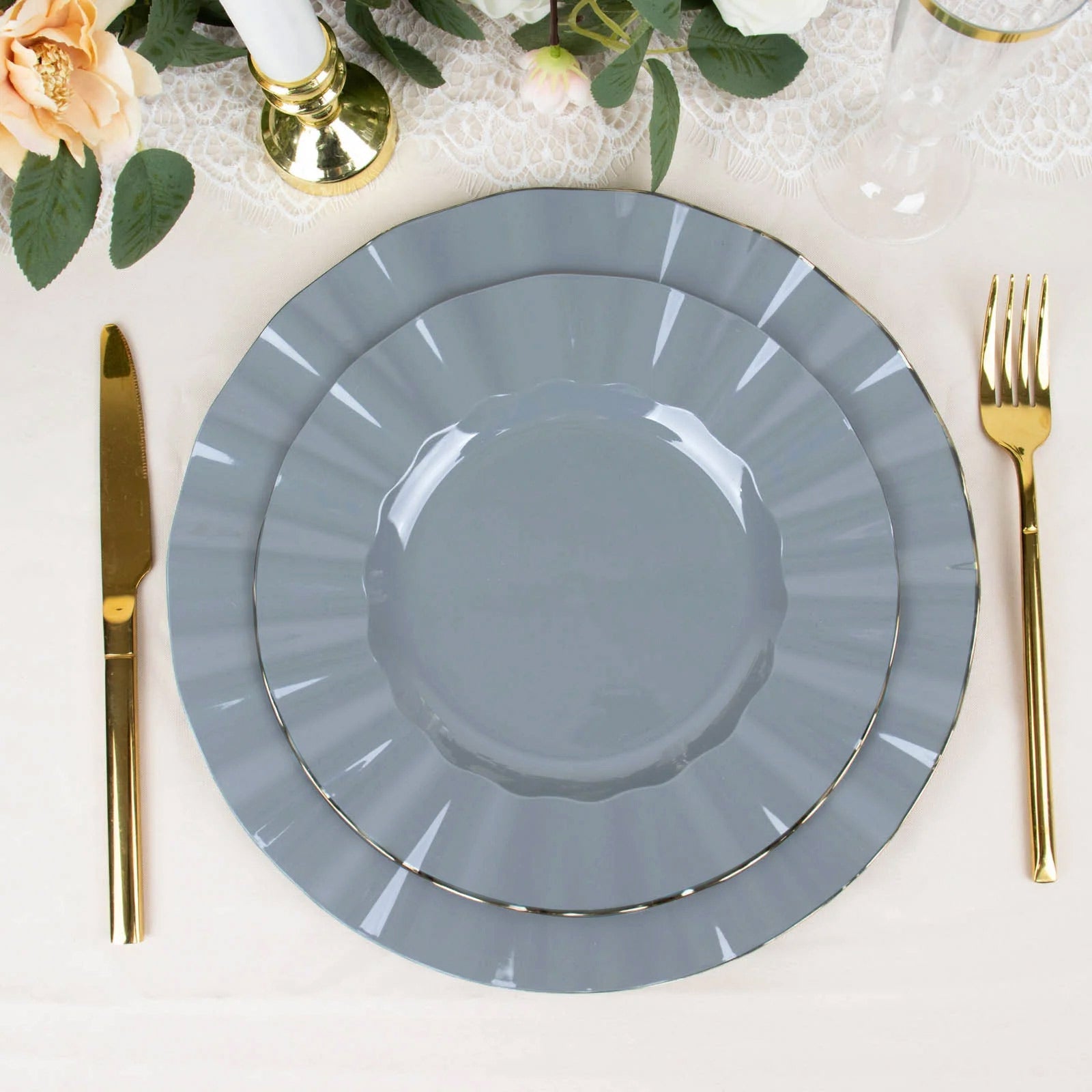 10-Piece Set of Sturdy Disposable 9-Inch Round Dusty Blue Dinner Plates with Gold Ruffled Edging