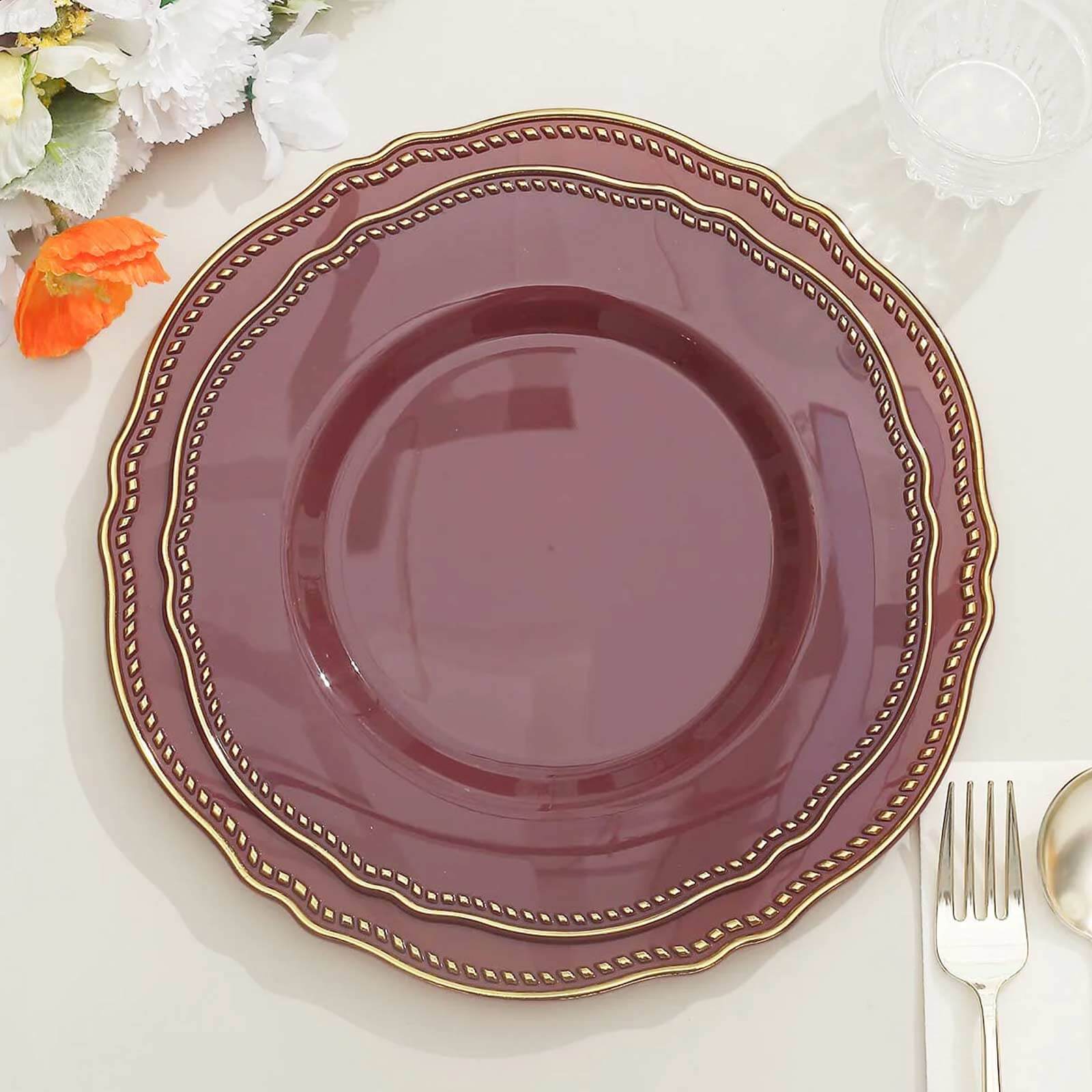 Hot Deal! 10-Pack 9" Disposable Plastic Dinner Plates in Cinnamon Rose with Gold Rim
