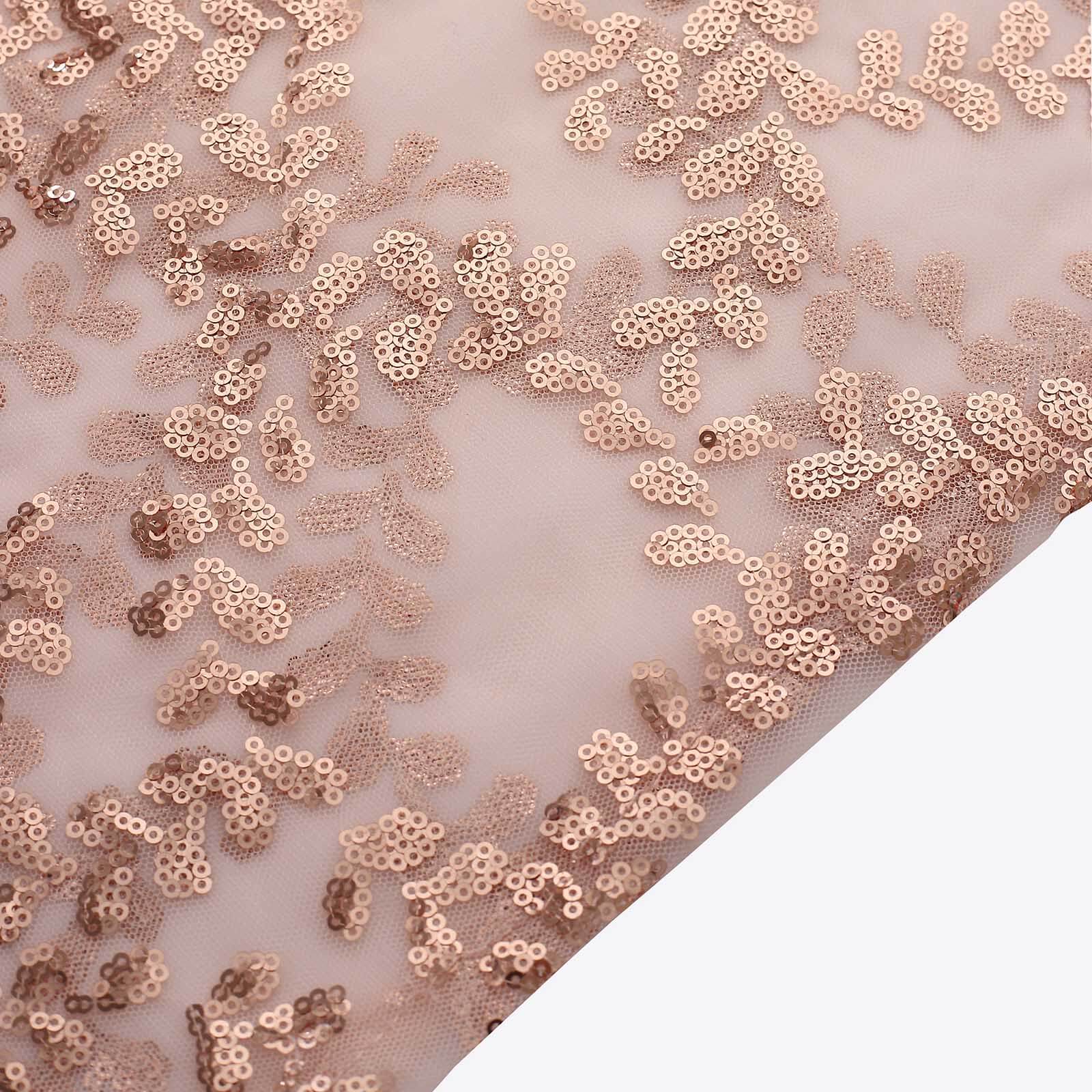 Set of 5 Sparkly Rose Gold Sequin Mesh Cylinder Pedestal Covers with Leaf Vine Design
