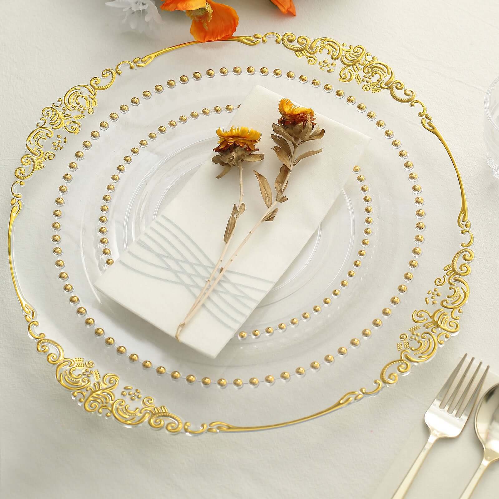 10-Piece Set of Disposable Clear Plastic Round Dessert Plates with Gold Beaded Rim for Parties & Events