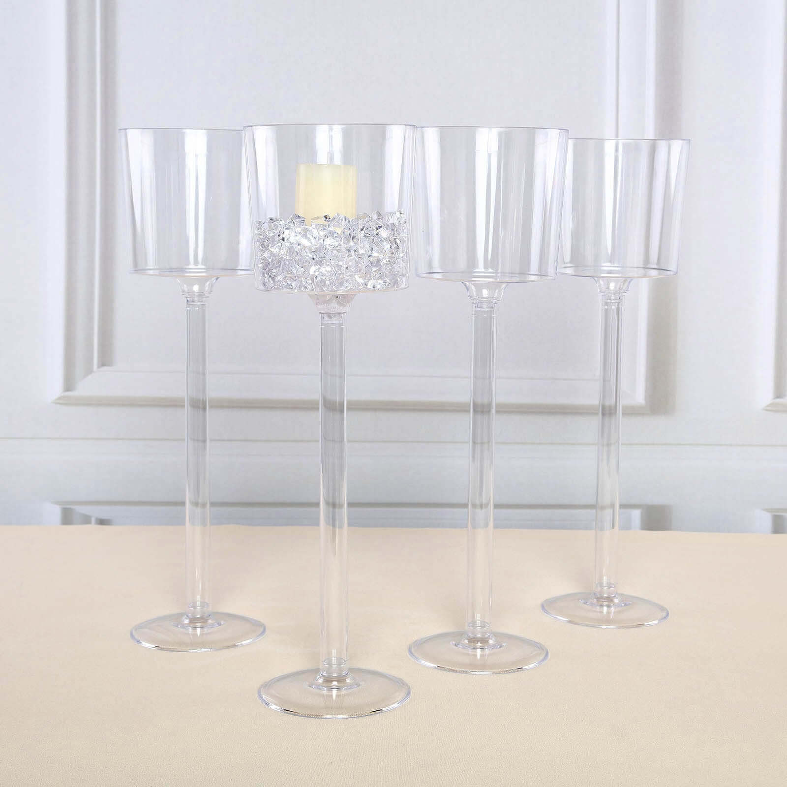 4-Pack Clear Plastic Cylinder Vases with Wine Cup Design for Long Stem Floral Centerpieces, 18"