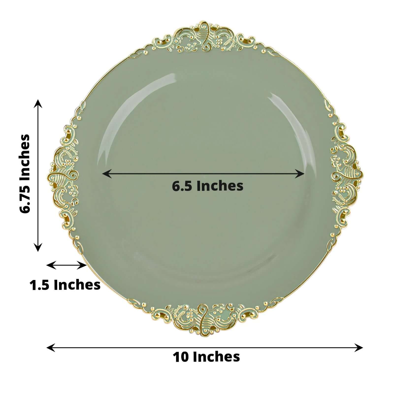 10-Pack Disposable Round Plastic Dinner Plates in Dusty Sage Green with Gold Leaf Embossed Rim - Vintage Baroque Style