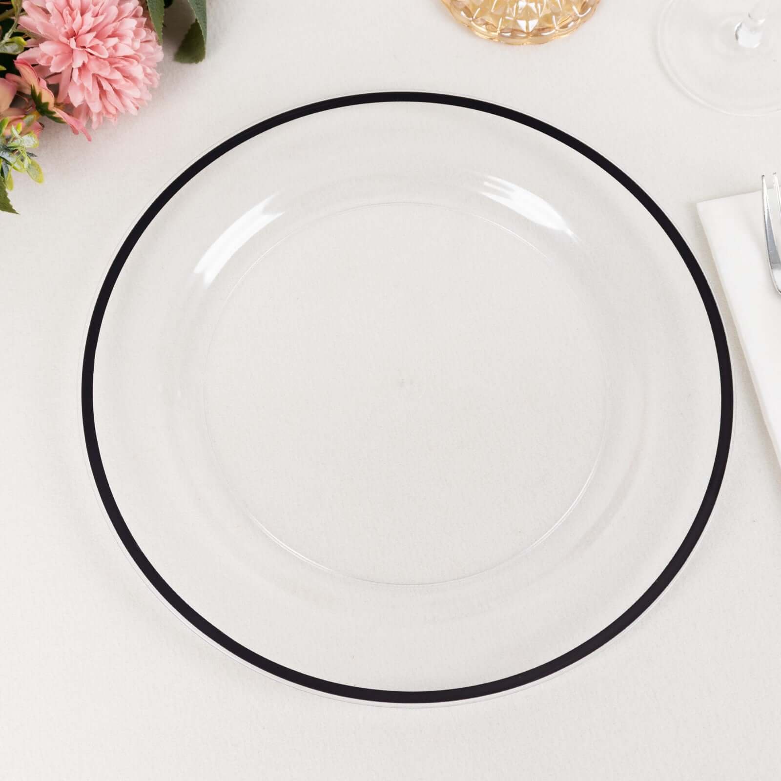 10-Pack Clear Plastic Round Dinner Plates with Black Rim - Ideal Disposable Plates for Classy Parties