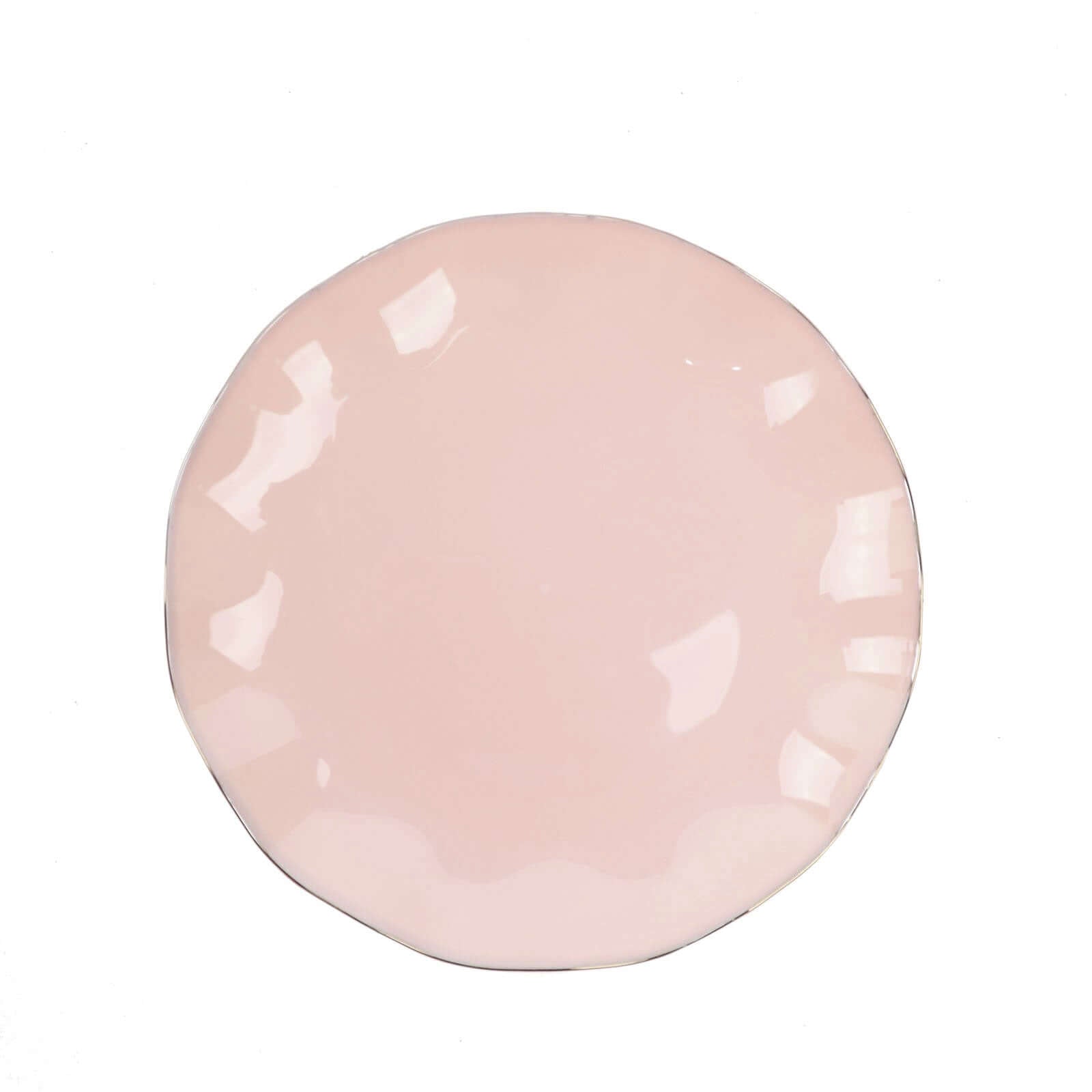 10-Piece Set of Sturdy Disposable Blush Plastic Round Dessert Plates with Gold Ruffled Edging