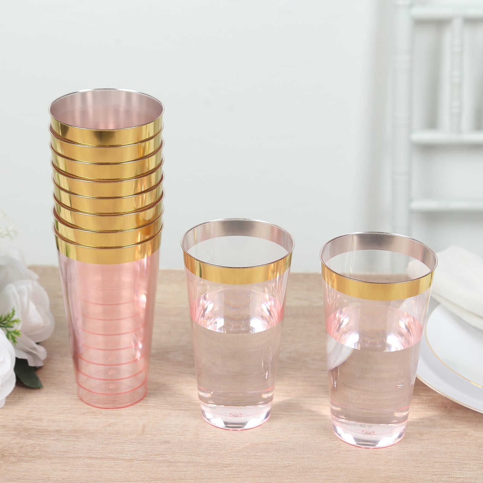 Hot Deal! 12-Pack 17oz Durable Disposable Plastic Party Cups with Transparent Blush and Gold Rim