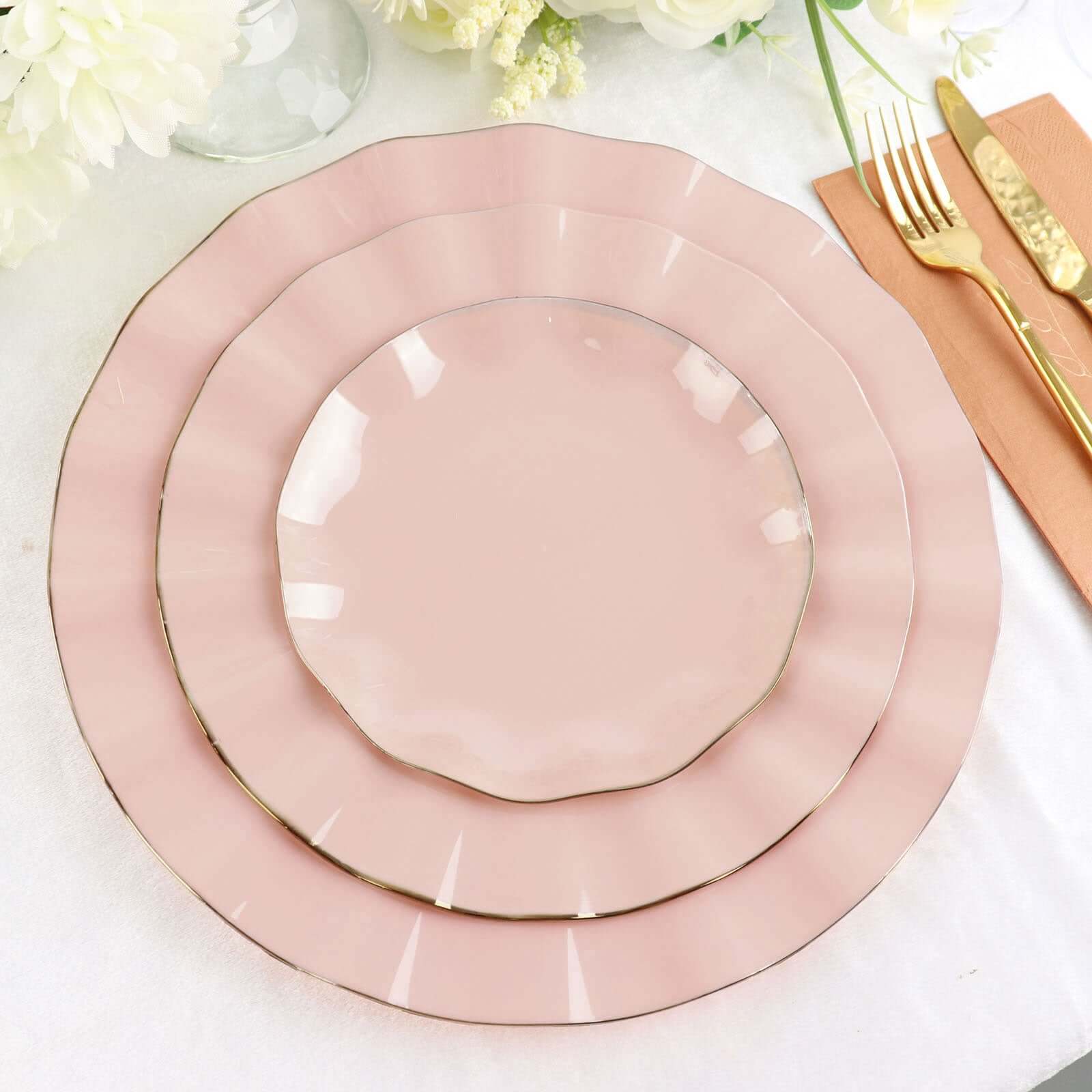 10-Piece Set of Sturdy Blush Plastic Round Dinner Plates with Gold Ruffled Edging