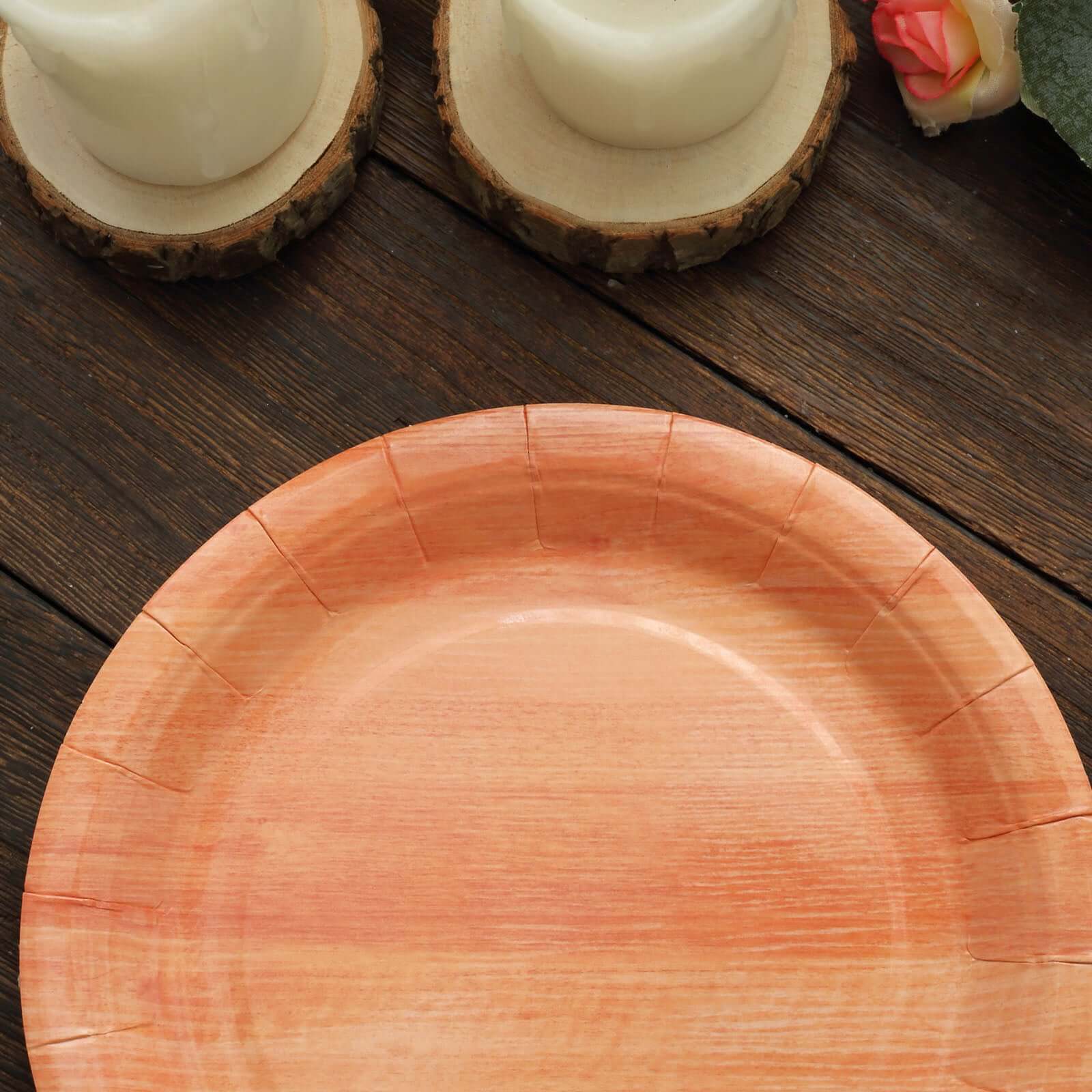 25-Pack 7-Inch Disposable Round Paper Dessert Plates with Natural Wood Grain Print for Rustic Events