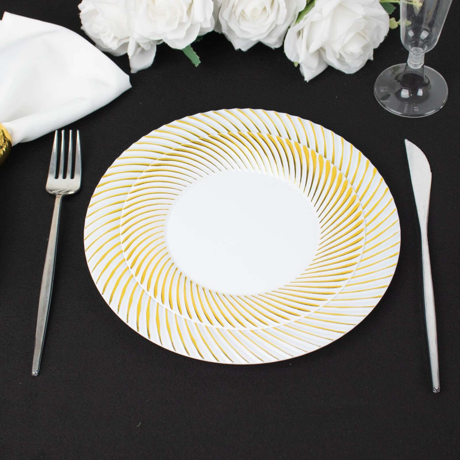 10-Pack Disposable White Dinner Plates with Gold Swirl Rim - Ideal for Parties