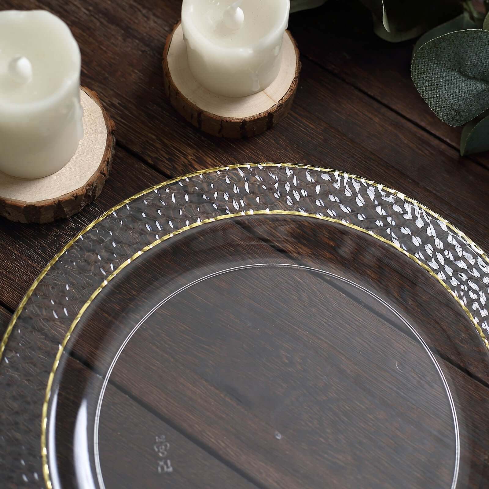 Special Offer! 10-Pack Disposable Round Plastic Dinner Plates with Clear Hammered Design and Gold Rim for Chic Events