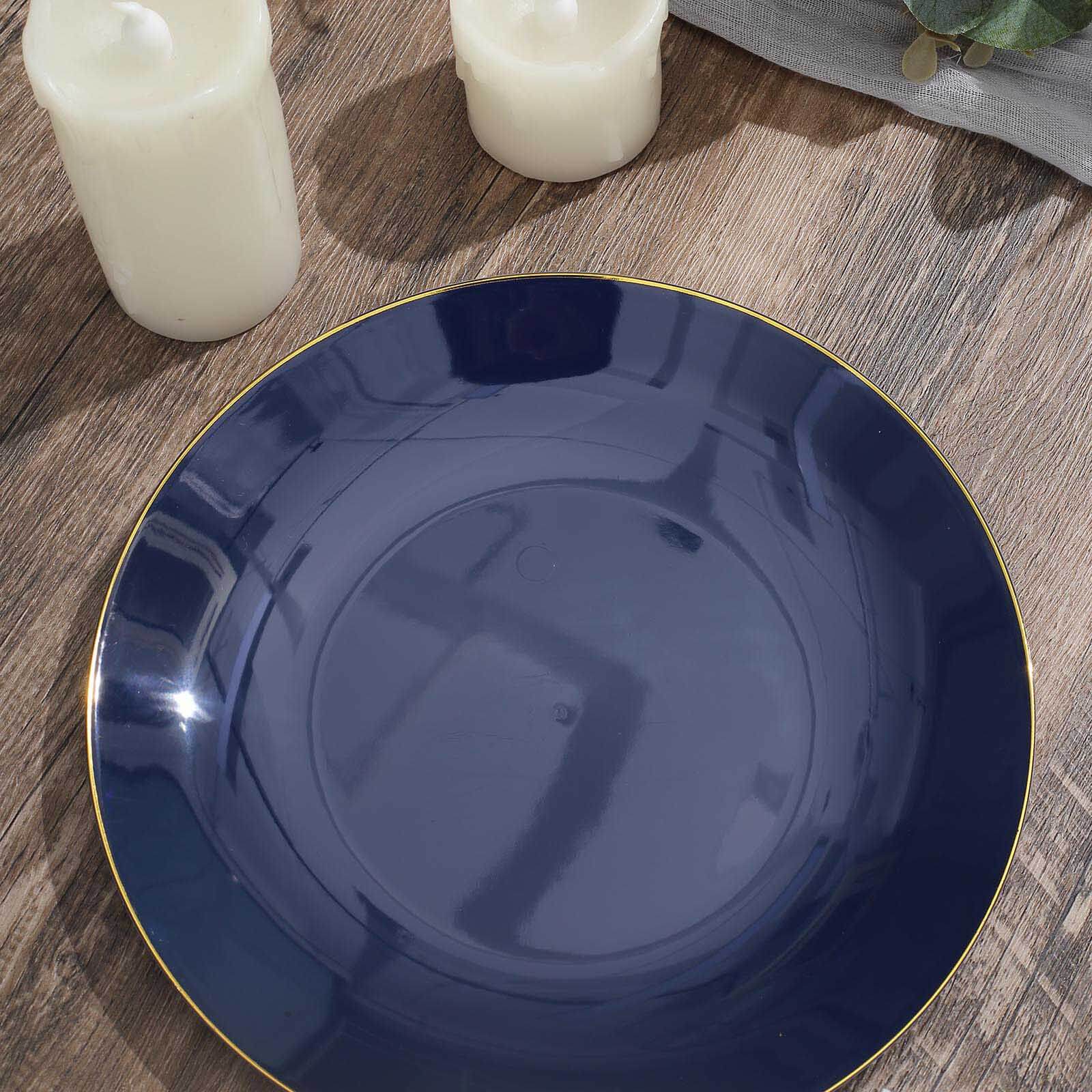 Hot Deal! 10-Piece Set of Disposable Navy Blue Plastic Round Dessert Plates with Gold Rim