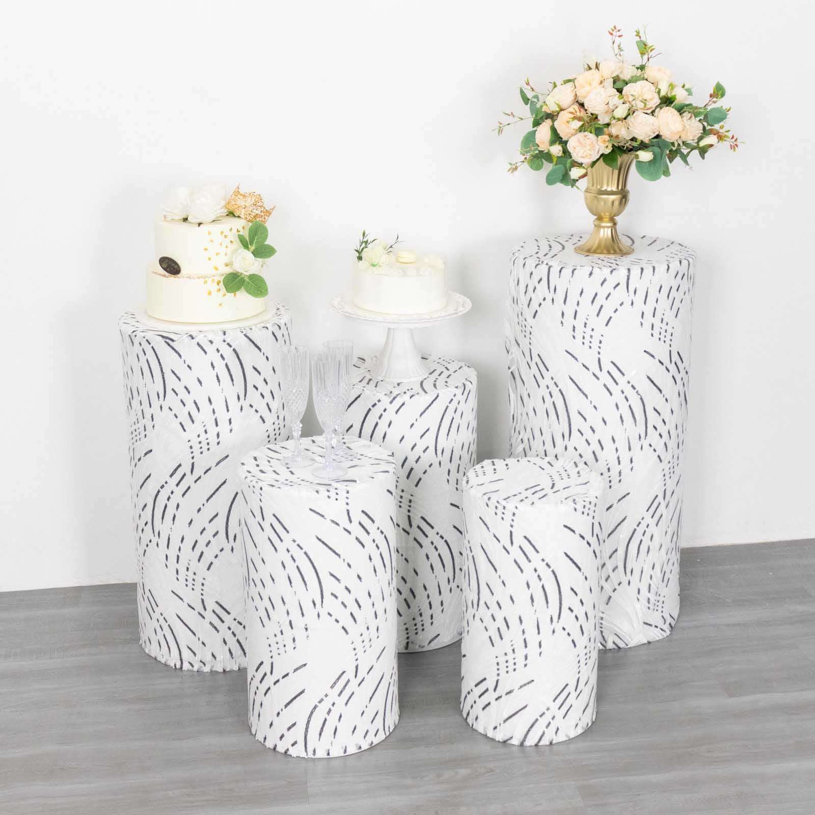 Hot Sale! Set of 5 Embroidered Sequin White Wave Mesh Cylinder Pedestal Stand Covers