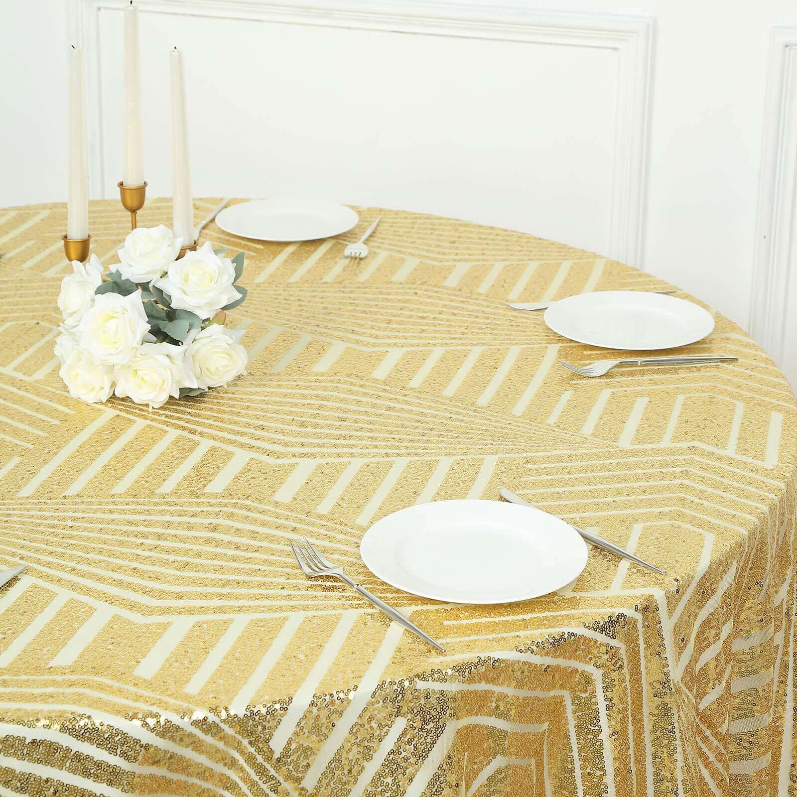 Gold Sequin 120 Round Tablecloth - Glam Seamless Diamond Design for Special Events