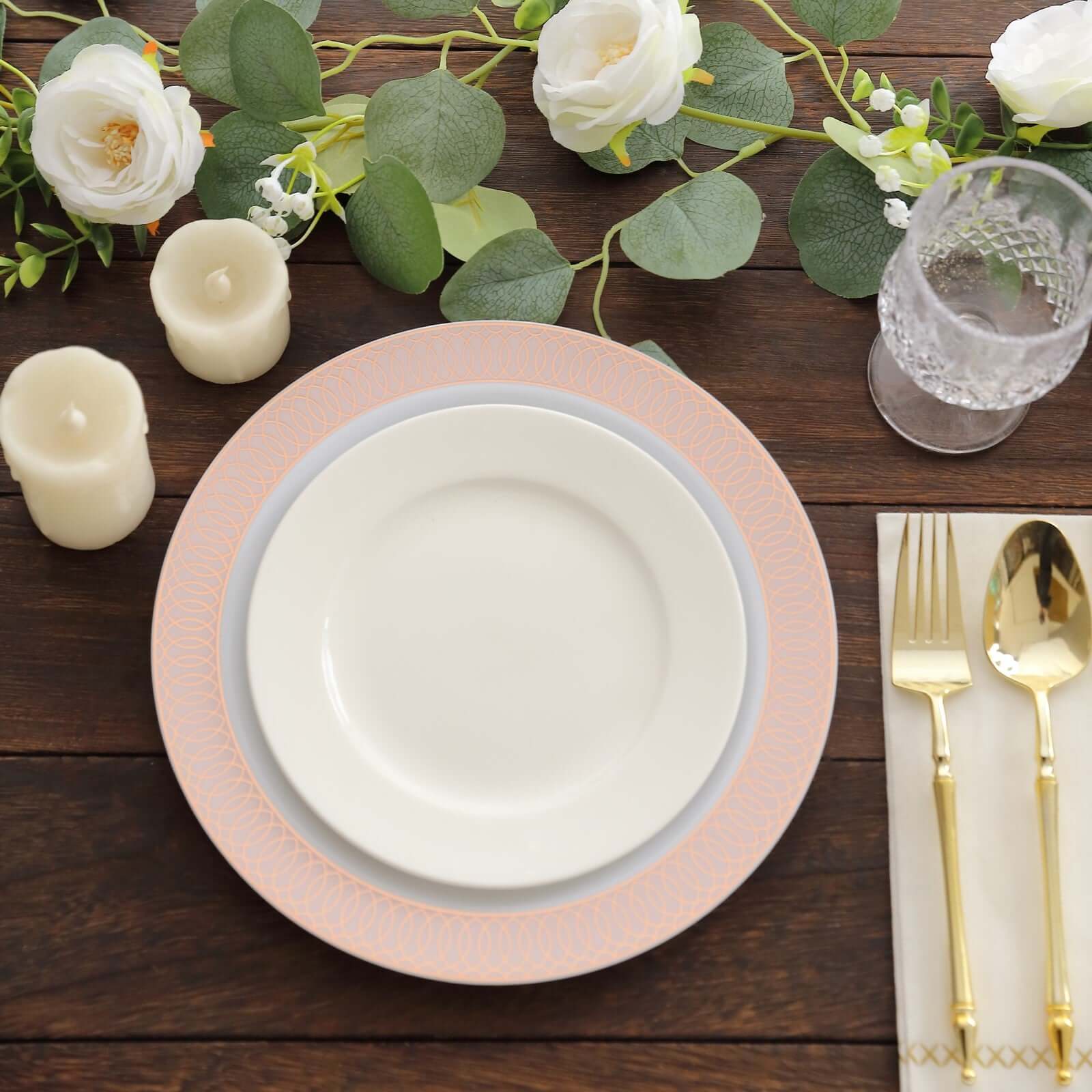 10-Piece Set of White Plastic Round Dinner Plates with Blush Rose Gold Spiral Rim for Parties