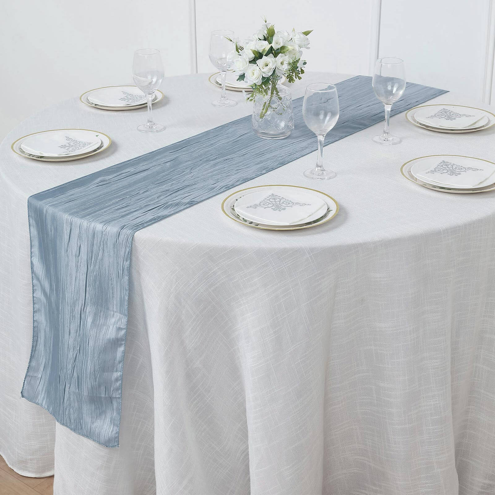 12x108 Dusty Blue Taffeta Table Runner with Accordion Crinkle & Metallic Shine