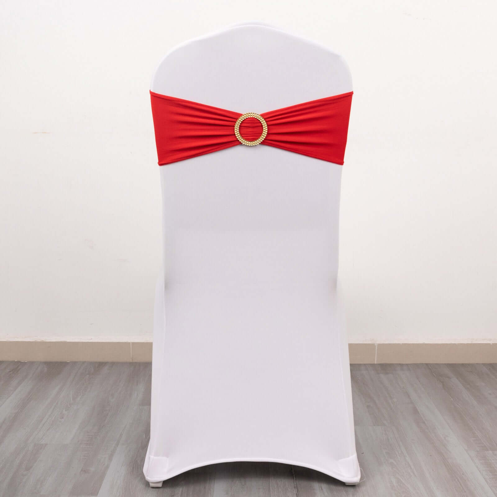 Set of 5 Reusable Red Spandex Chair Sashes with Gold Rhinestone Plastic Buckles, 5x14