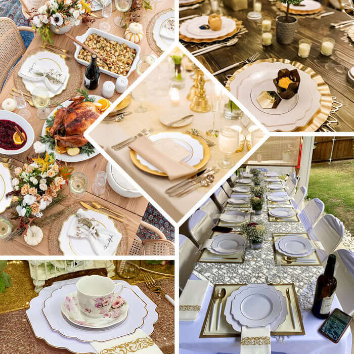 10-Pack Heavy-Duty Disposable Hunter Emerald Green Baroque Dinner Plates with Scalloped Gold Rim