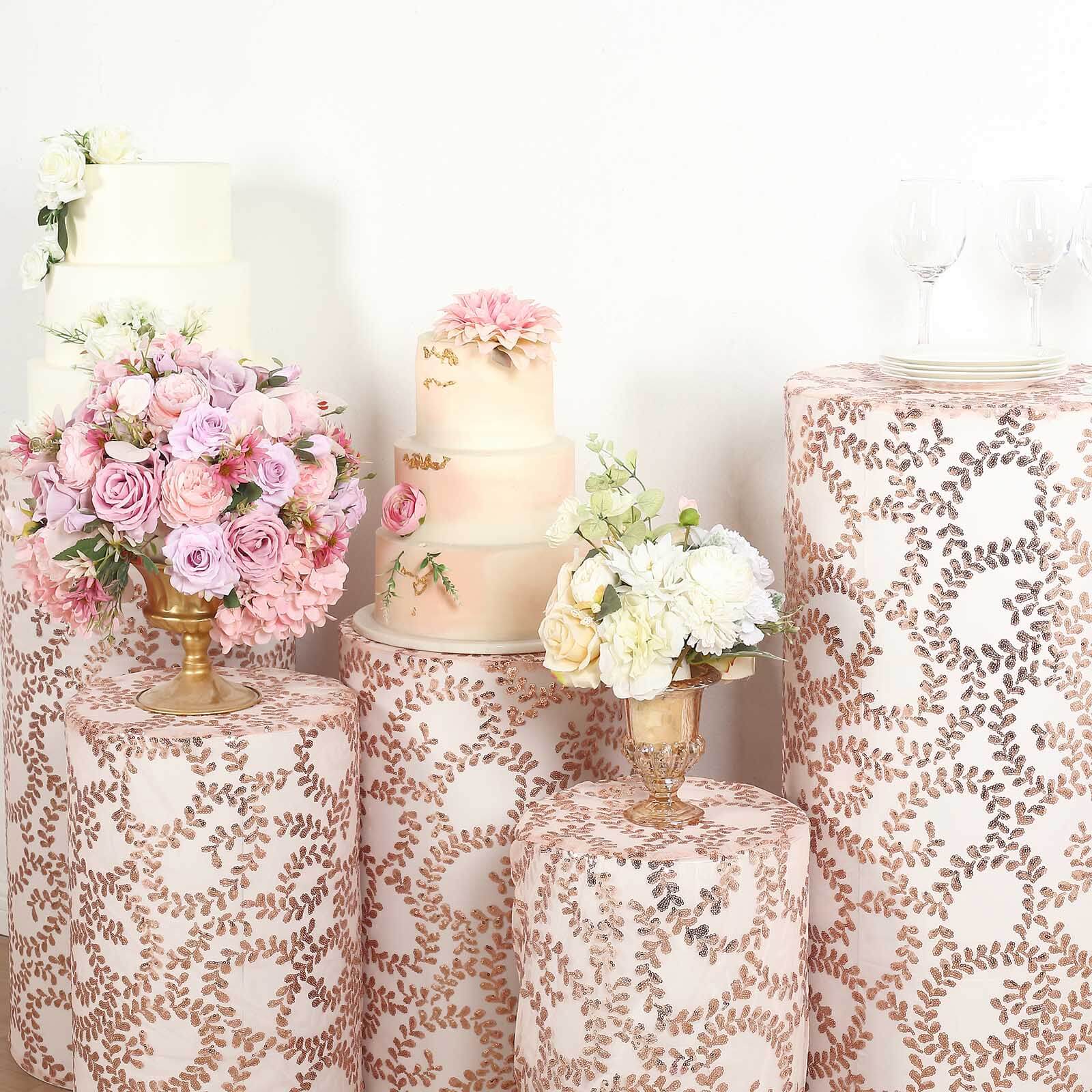 Set of 5 Sparkly Rose Gold Sequin Mesh Cylinder Pedestal Covers with Leaf Vine Design