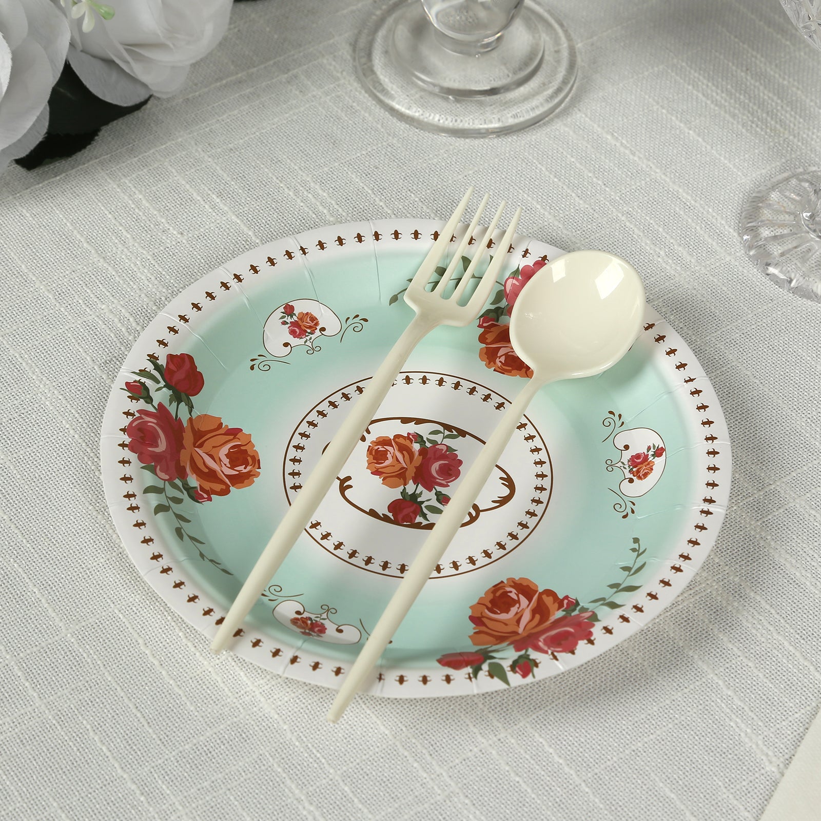 25-Pack 7-Inch Turquoise Vintage Rose Print Disposable Dessert Plates - Ideal for Events