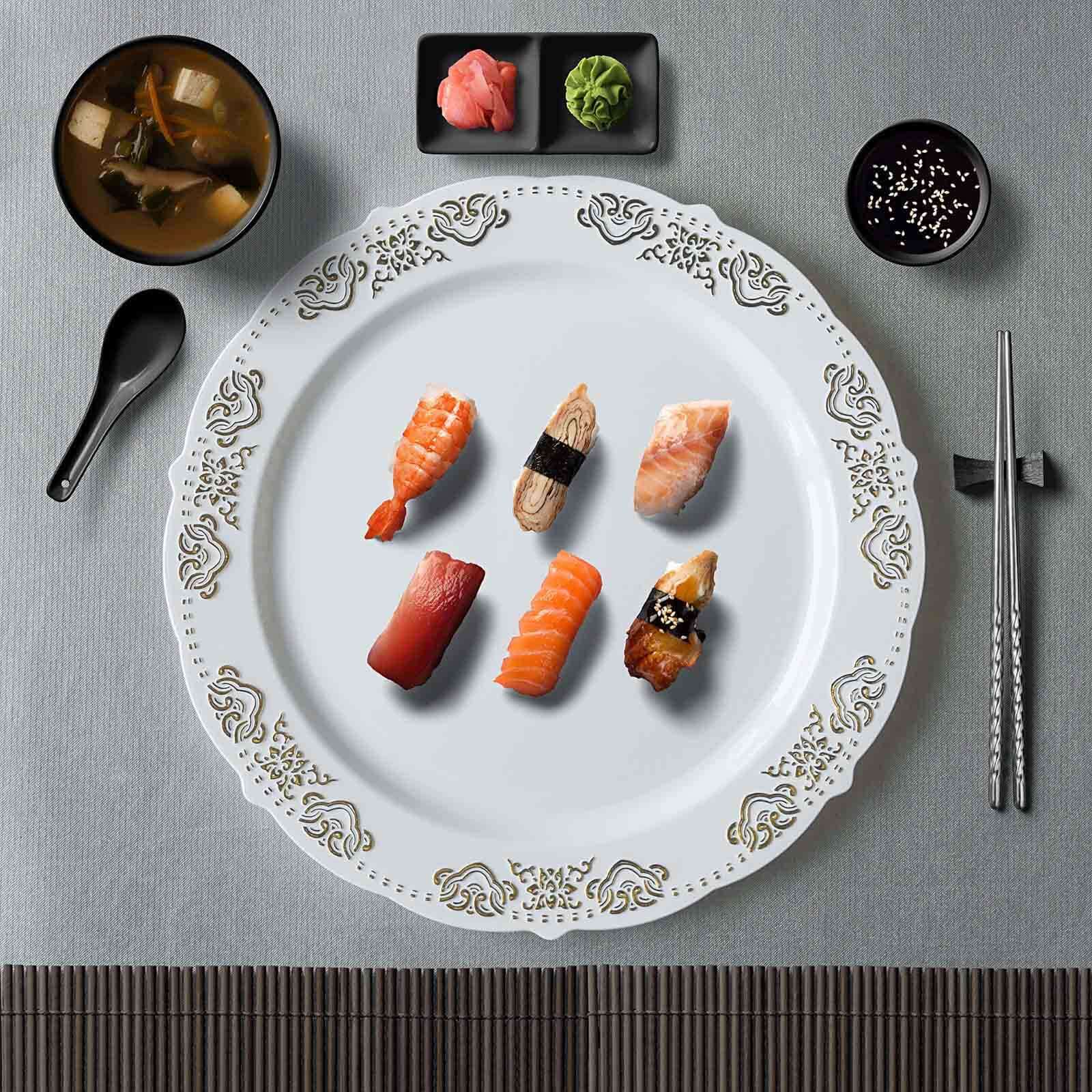10-Pack White Plastic Round Appetizer Plates with Gold Embossed Scalloped Edge for Special Events