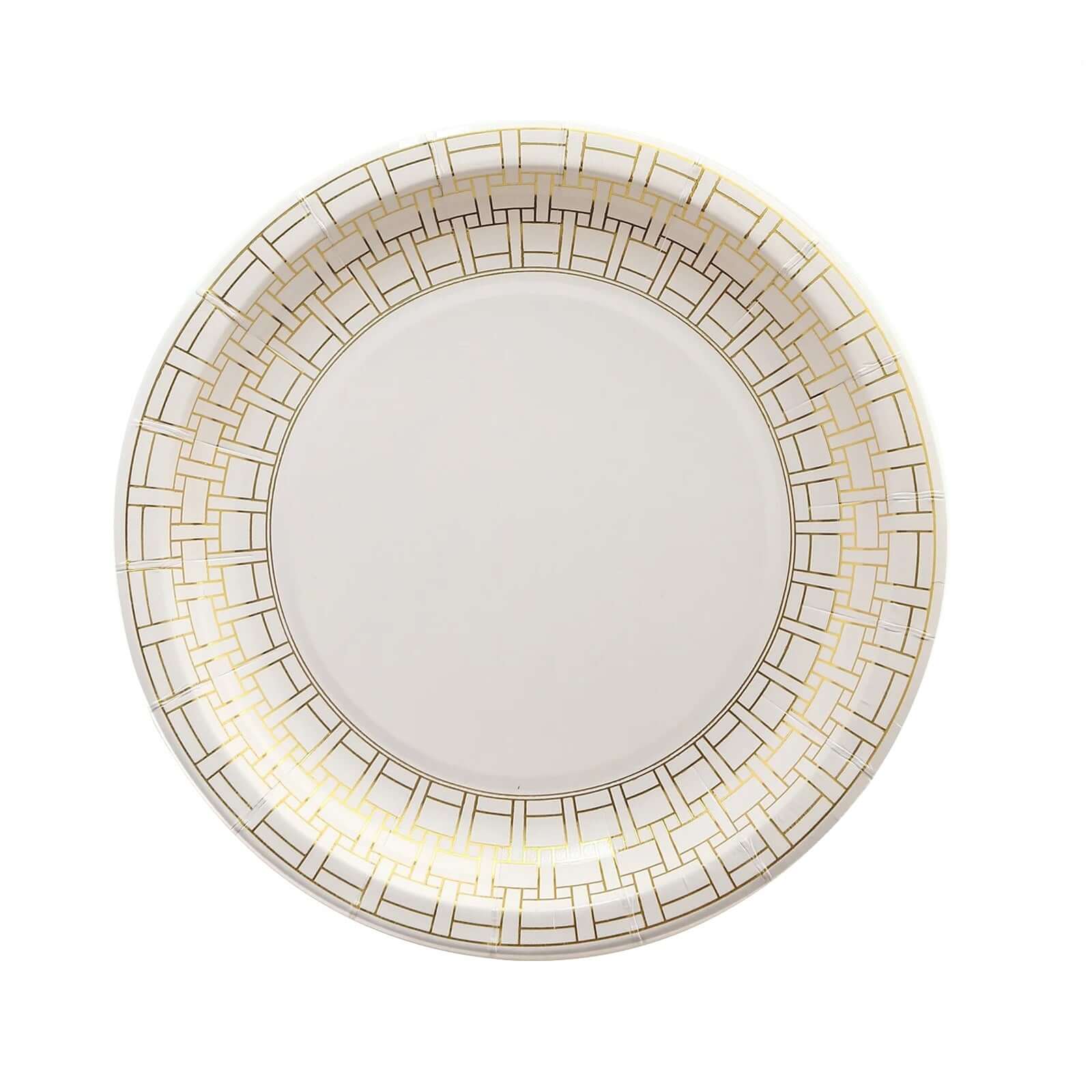 25-Piece Set of 7-Inch White Paper Dessert Plates with Elegant Gold Basketweave Rim