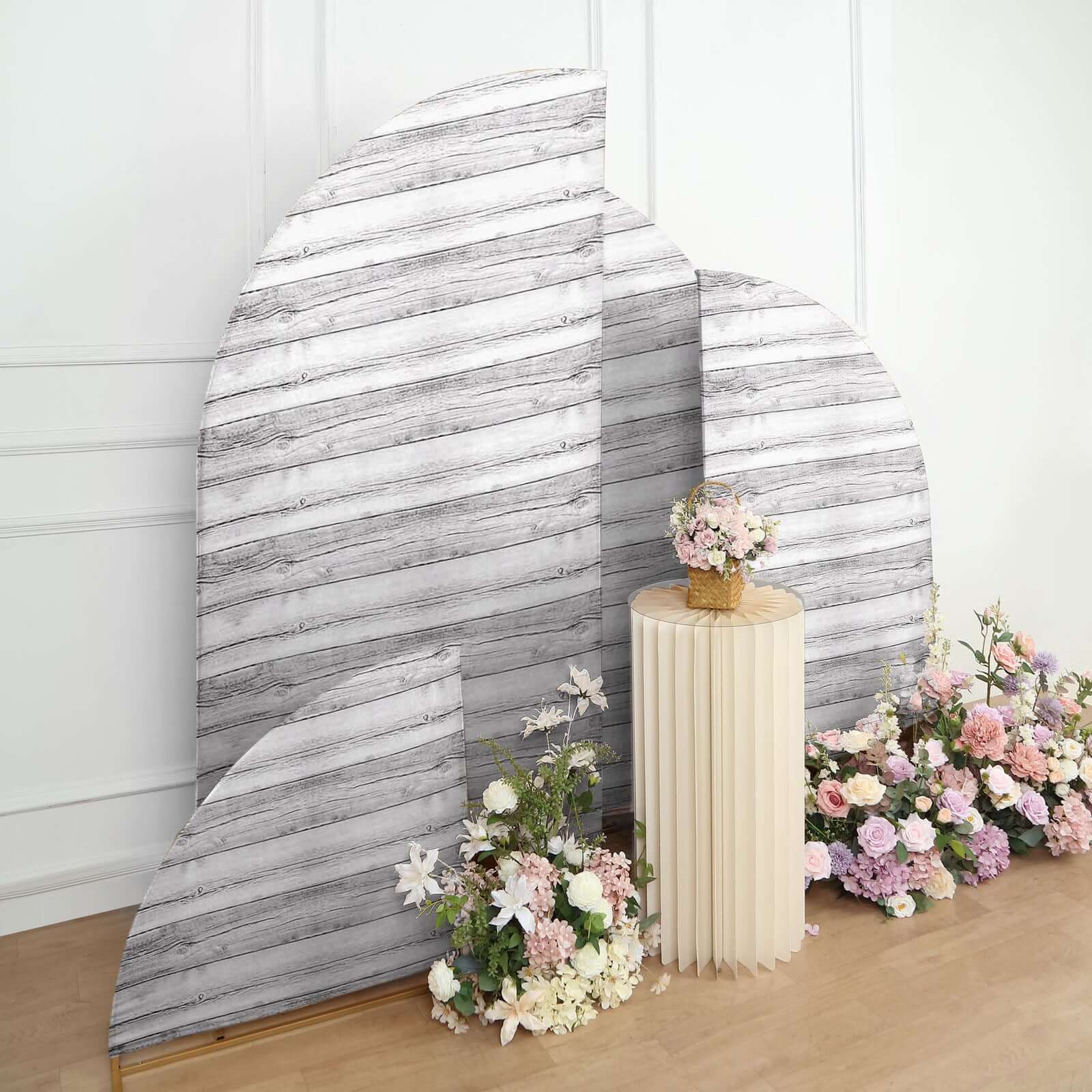 Special Offer! Set of 4 Whitewashed Rustic Wood-Print Spandex Covers for Chiara Wedding Arch Backdrops in 2.5ft, 5ft, 6ft, 7ft Sizes