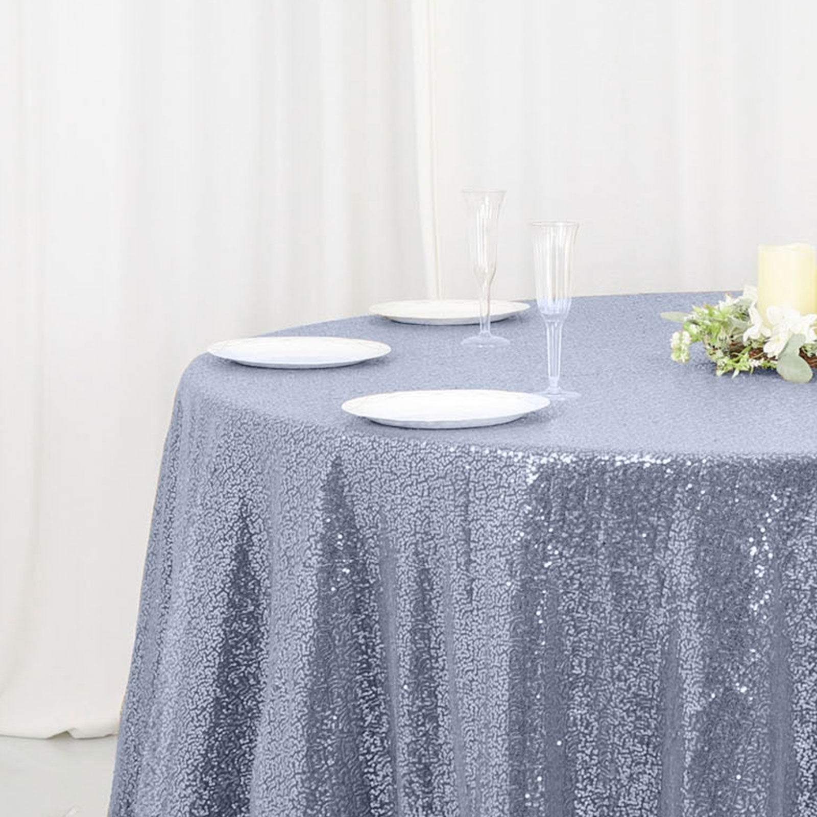 Hot Sale! 120-Inch Dusty Blue Seamless Sequin Round Tablecloth for 5-Foot Tables
