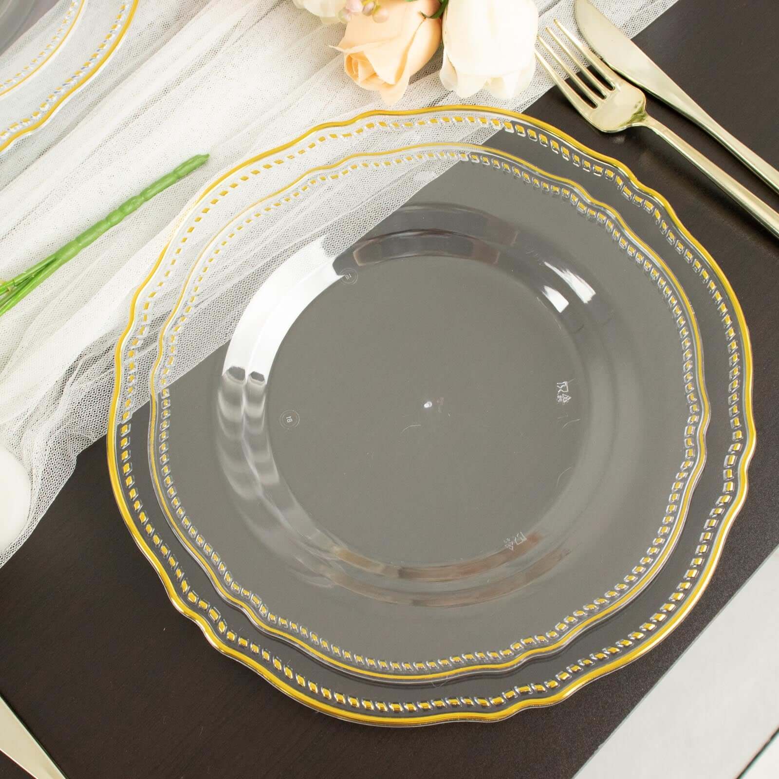 Hot Deal! 10-Pack Disposable Plastic Dinner Plates in Clear with Gold Scalloped Rim, 9 Inches