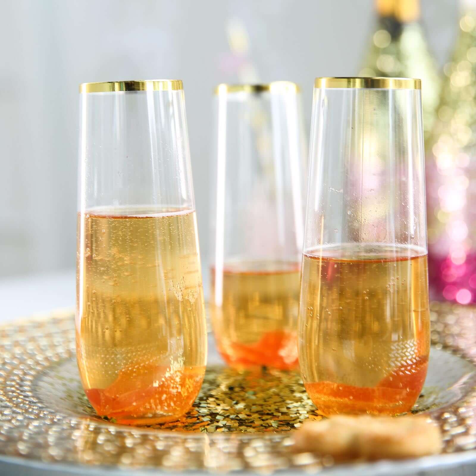 9oz Reusable 6-Pack Clear Plastic Stemless Champagne Flutes with Gold Rim