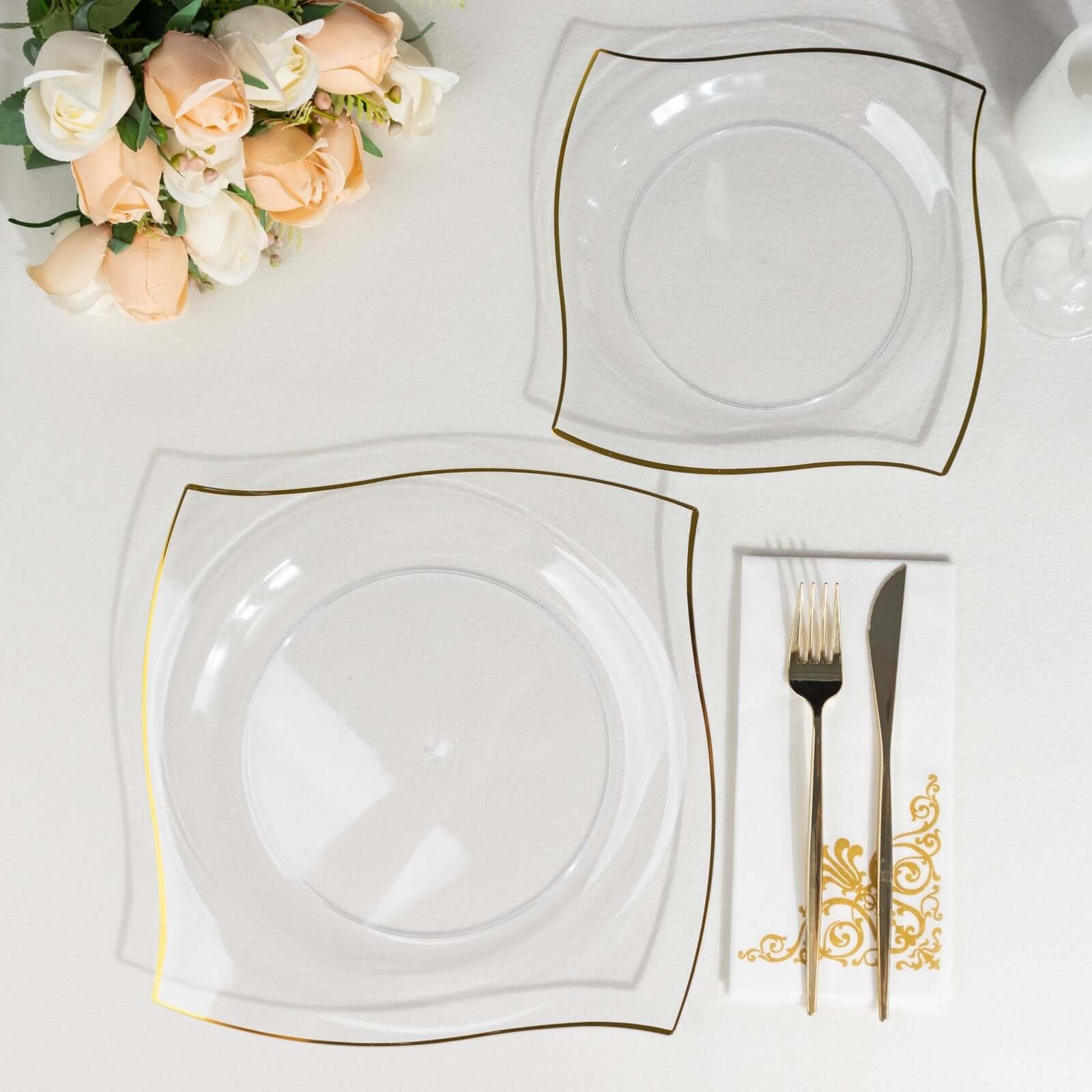10-Pack Disposable Clear Plastic Square Dinner Plates with Gold Wavy Rim
