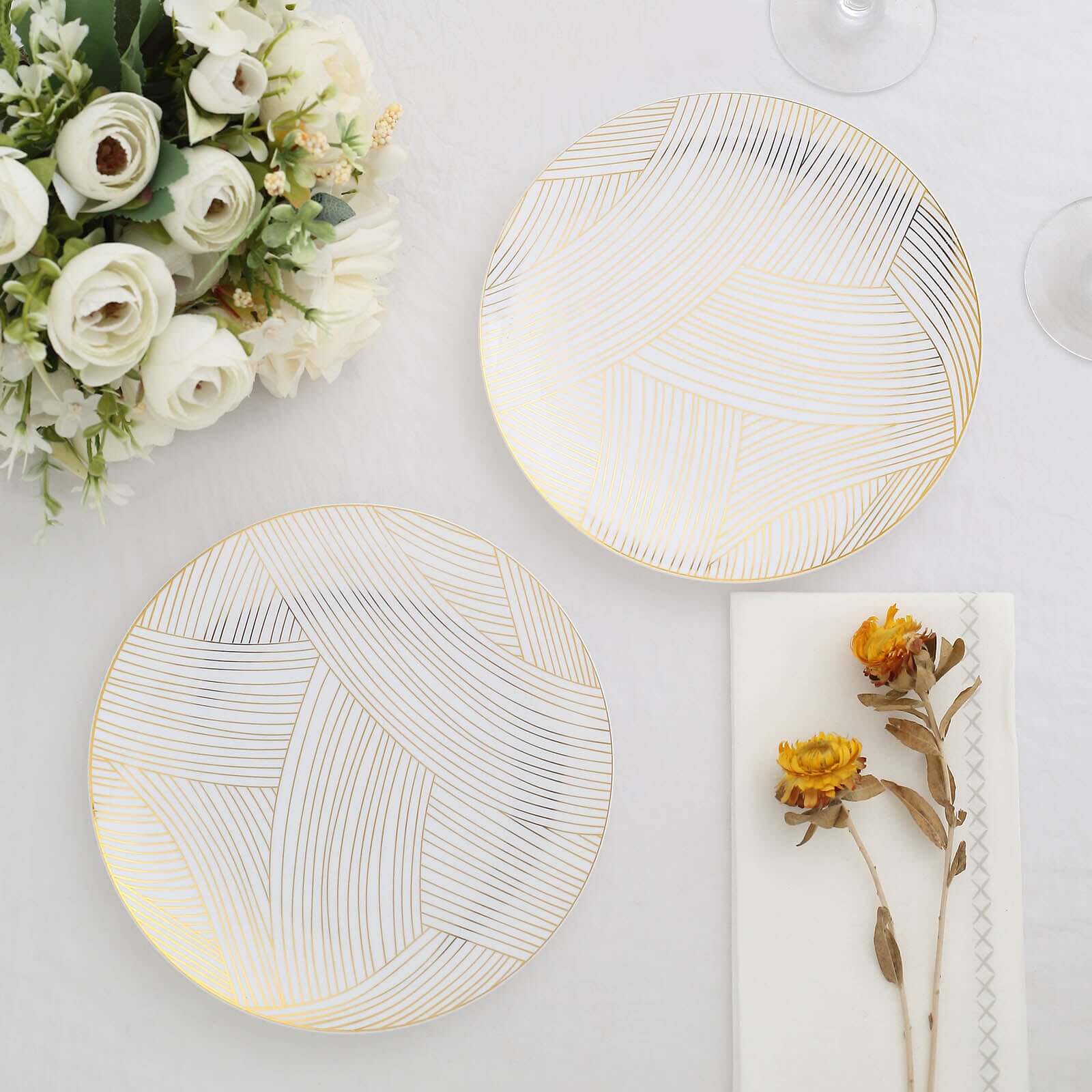 10-Pack Disposable White Plastic Round Dessert Plates with Gold Wave Pattern