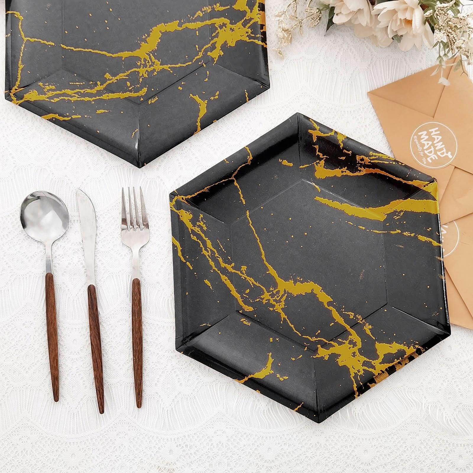 25-Pack Disposable 12" Black Paper Dinner Plates with Gold Marble Design - Ideal for Events