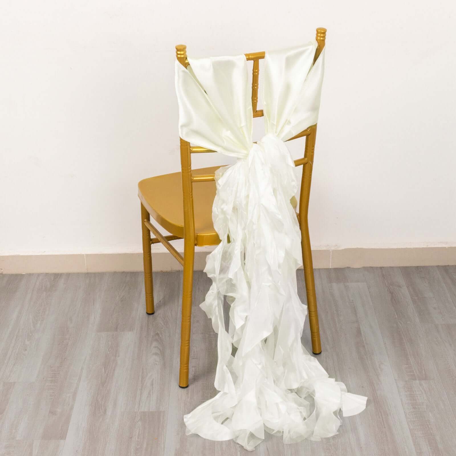 5-Pack Ivory Chiffon Satin Chair Sashes with Curly Willow Style - Easy Installation