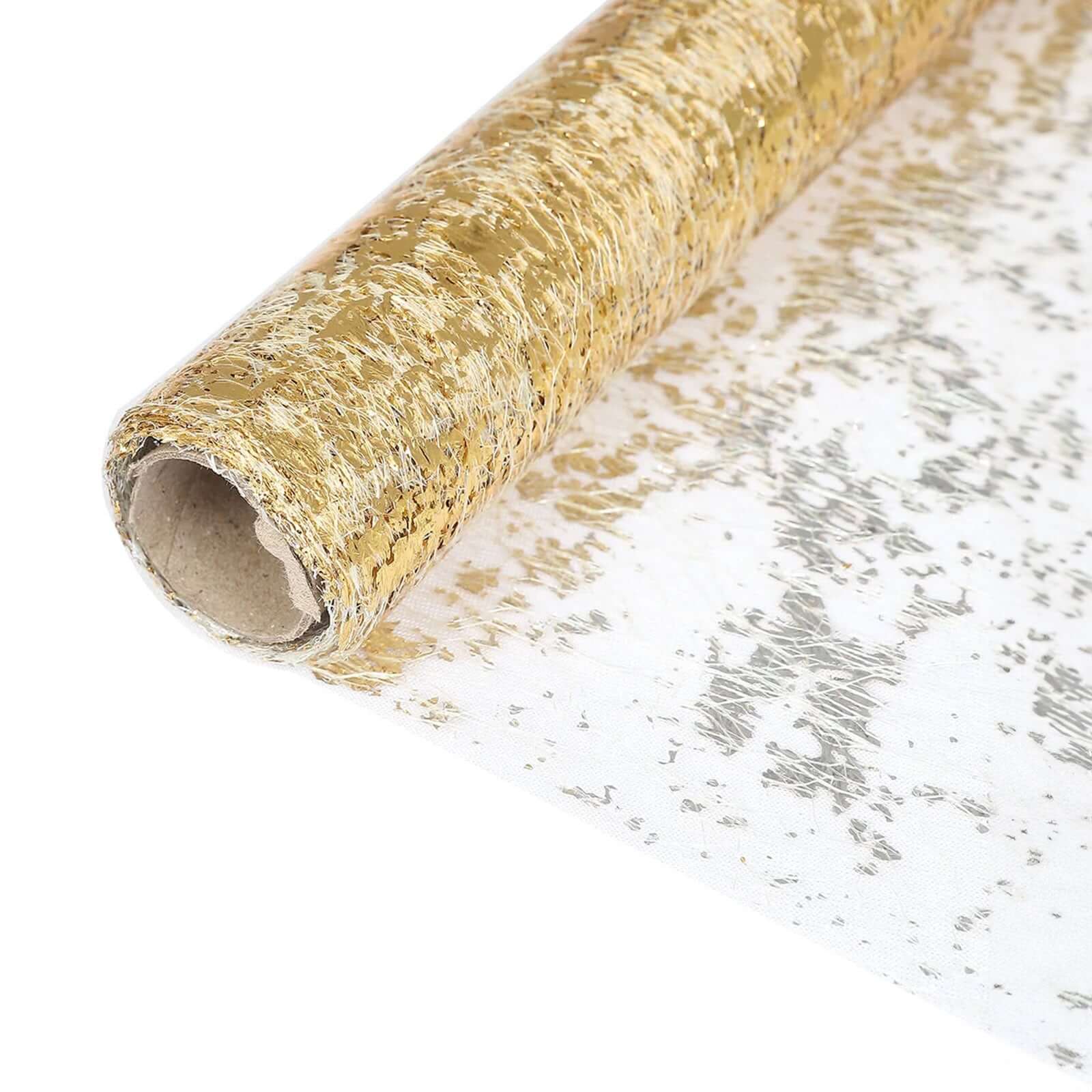 Hot! Disposable Metallic Gold Polyester Table Runner Roll with Distressed Foil Printing for Party Decor