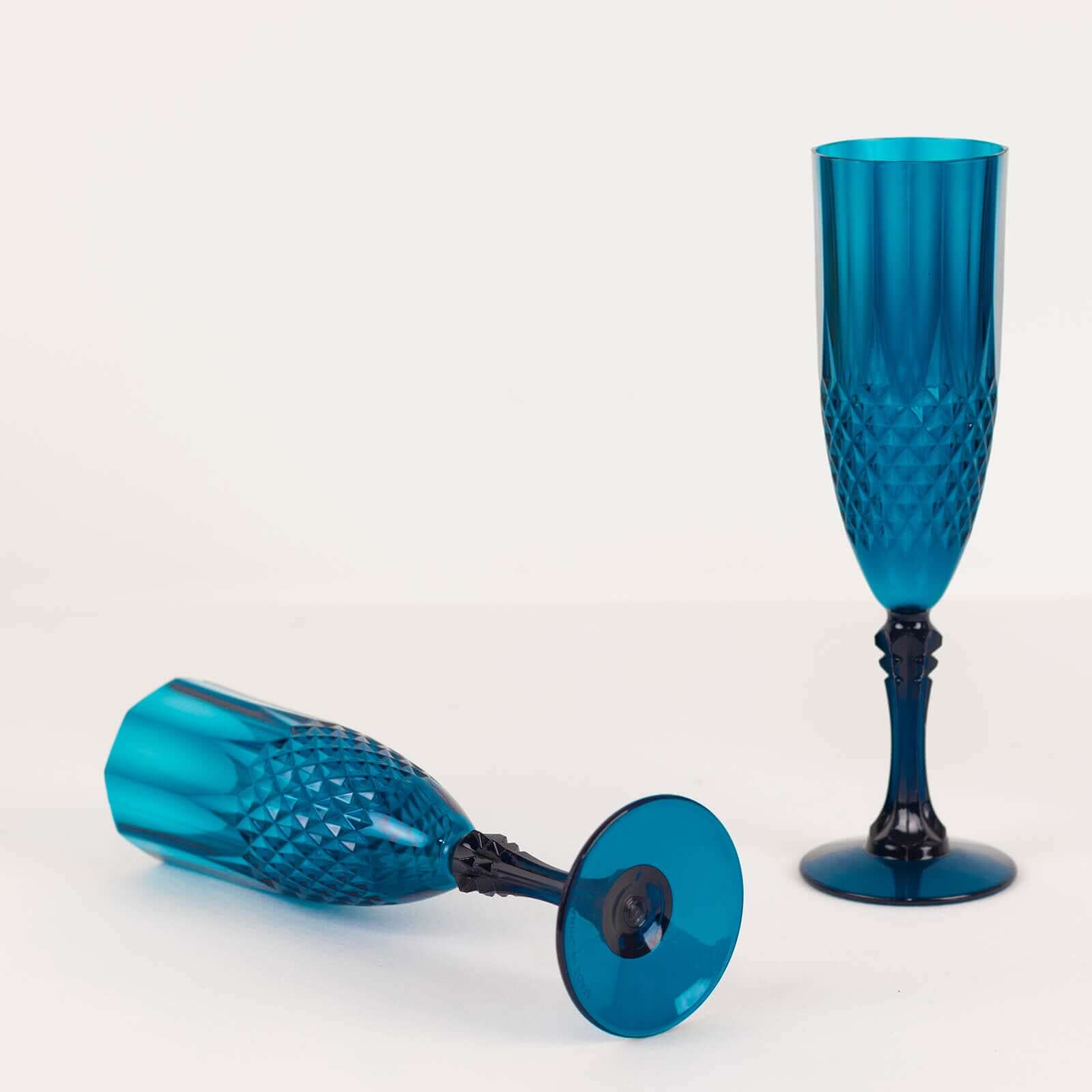 6-Piece Set of Reusable Navy Blue 8oz Plastic Champagne Toast Flutes with Crystal Cut Design